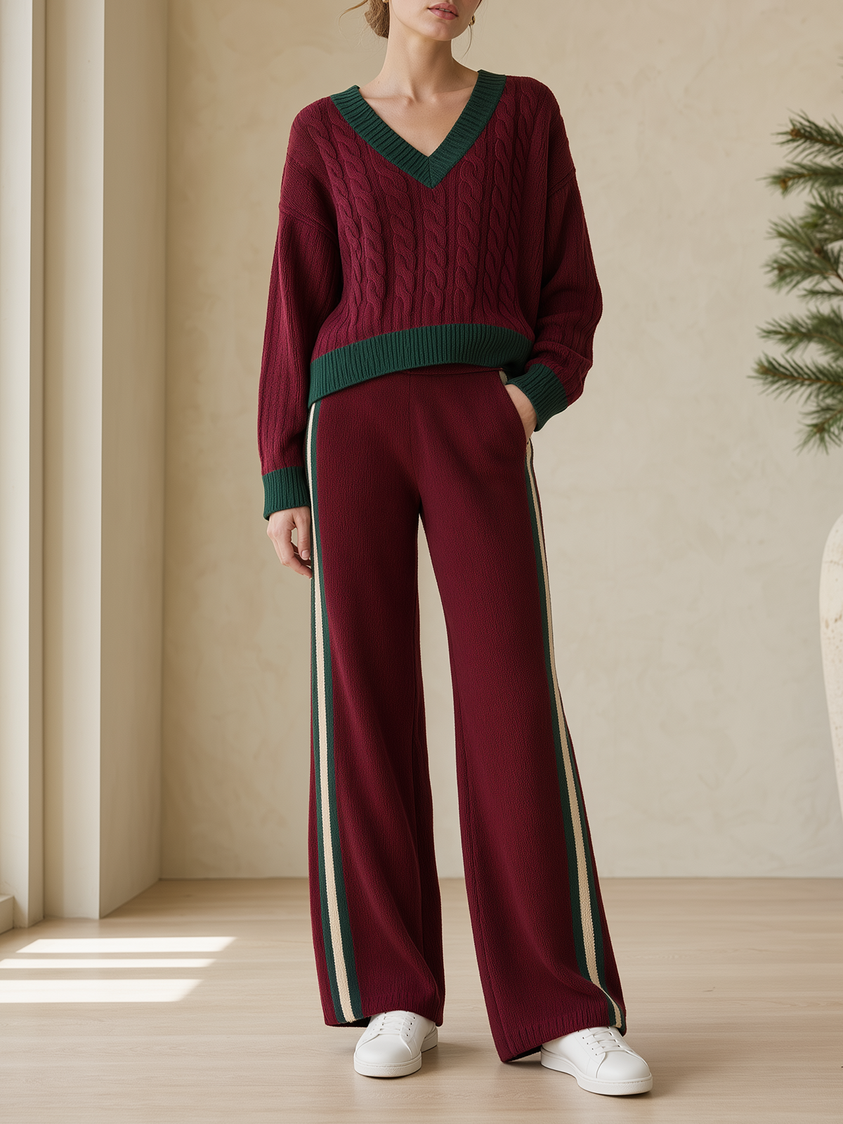 Burgundy V-Neck Cable Knit Sweater & Side Stripe Wide-Leg Pants Set