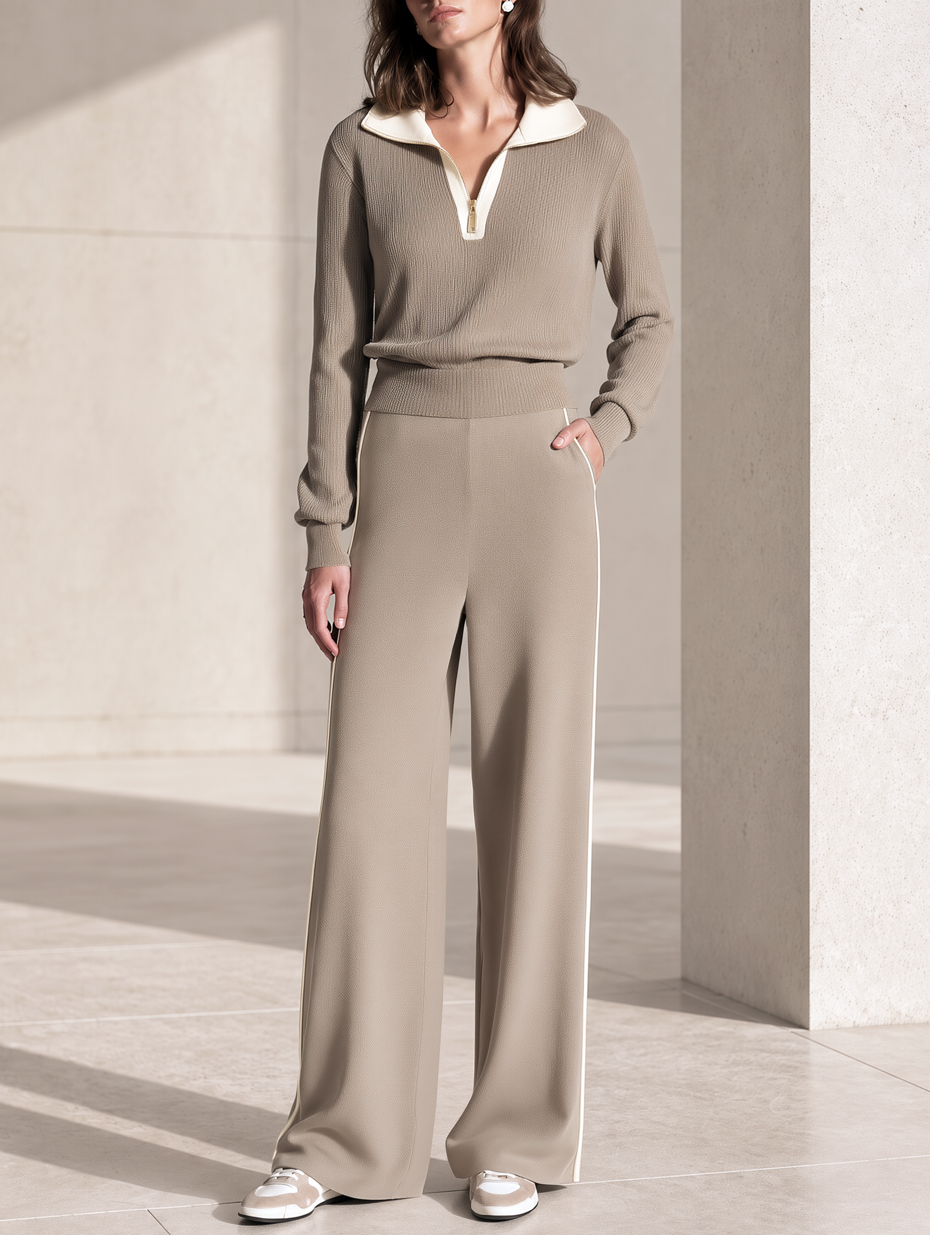 Women's Taupe Half-Zip Sweater And Wide-Leg Pants Set