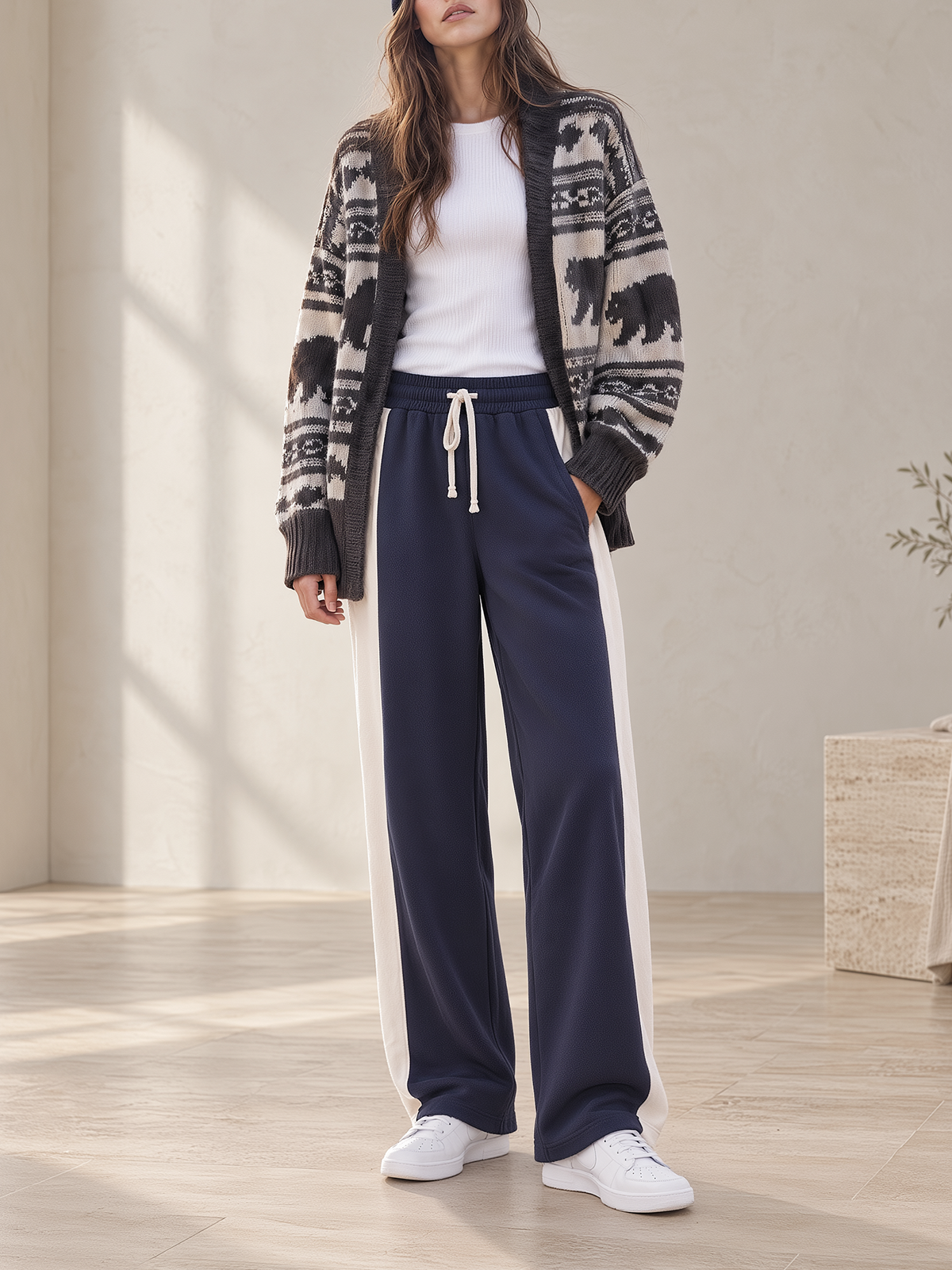 Bear Jacquard Knit Cardigan & Navy Wide-Leg Sweatpants Set