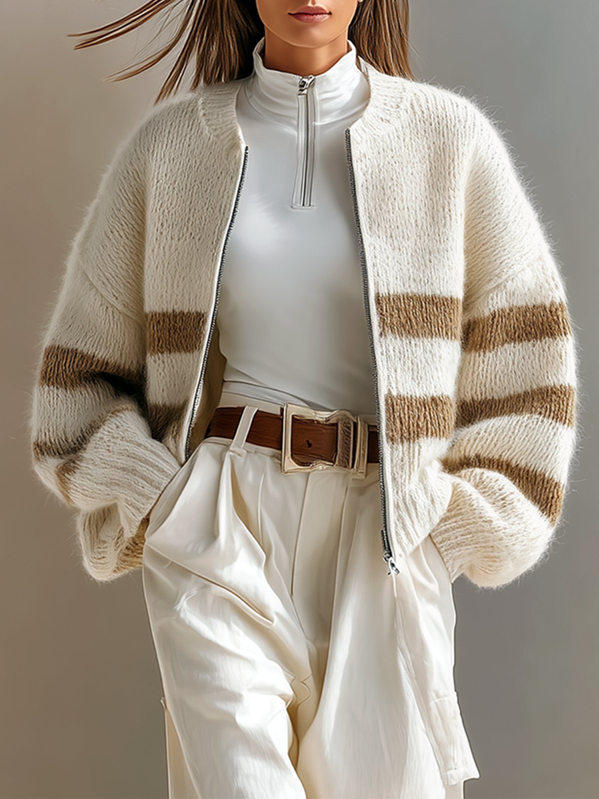 Oversize Off White-Camel Color-Block Stripes Crew Neck Zip Up Long-sleeve Fuzzy Knit Cardigan