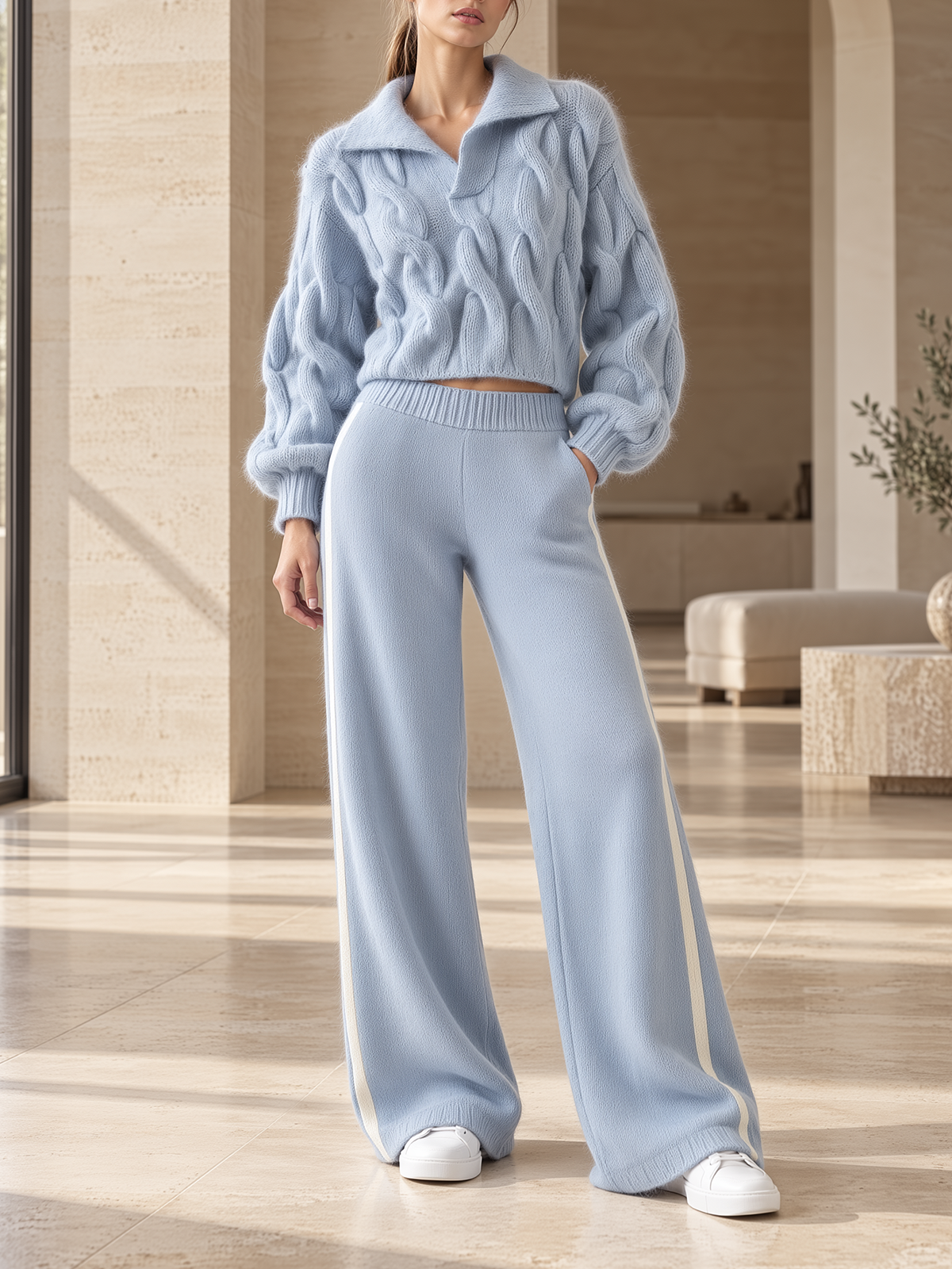 Light Blue Cable Knit Collared Sweater & Wide-Leg Pants Set