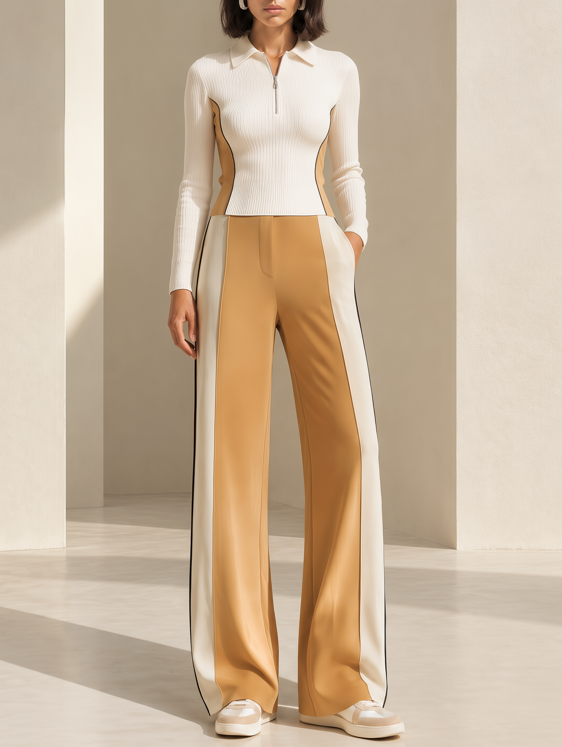 Off-white Half-zip Sweater And Camel Wide-leg Trousers Set