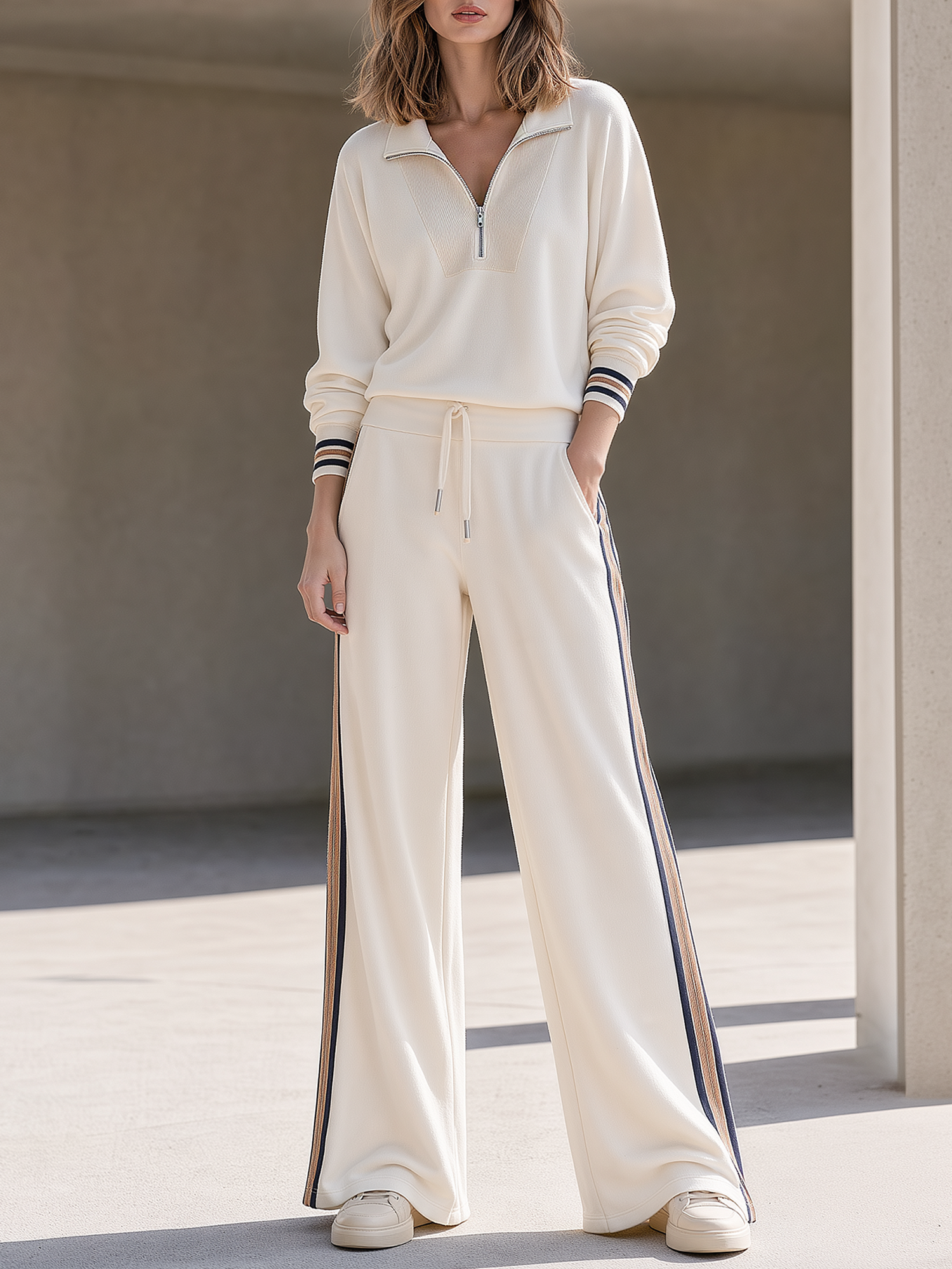 Off-white Half-zip Casual Top And Side-stripe Wide-leg Pants Set