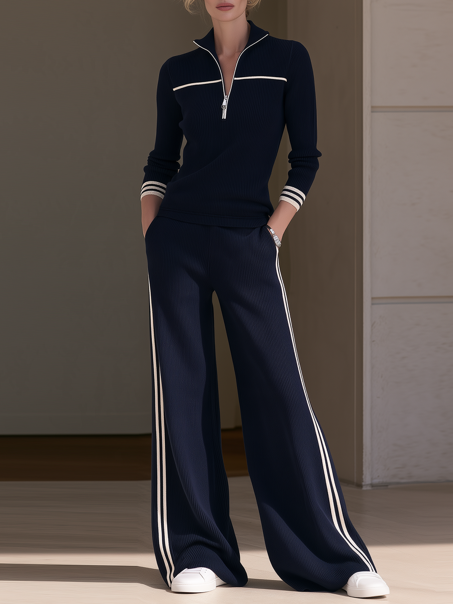 Navy Blue Color-block Ribbed Half-zip Knit Top And Side-stripe Trousers Set