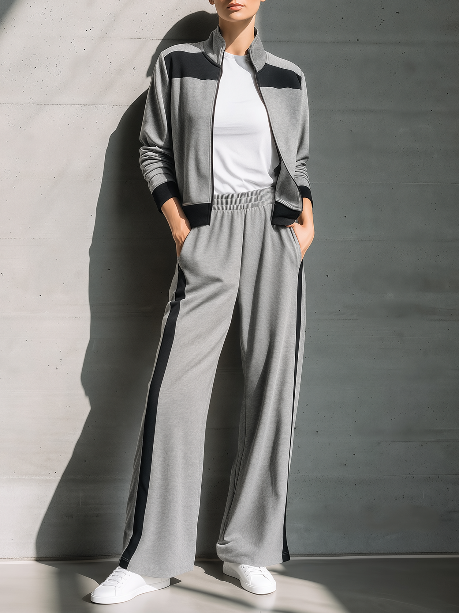 Grey-black Color-block Stand-collar Jacket And Side-stripe Wide-leg Casual Trousers Set