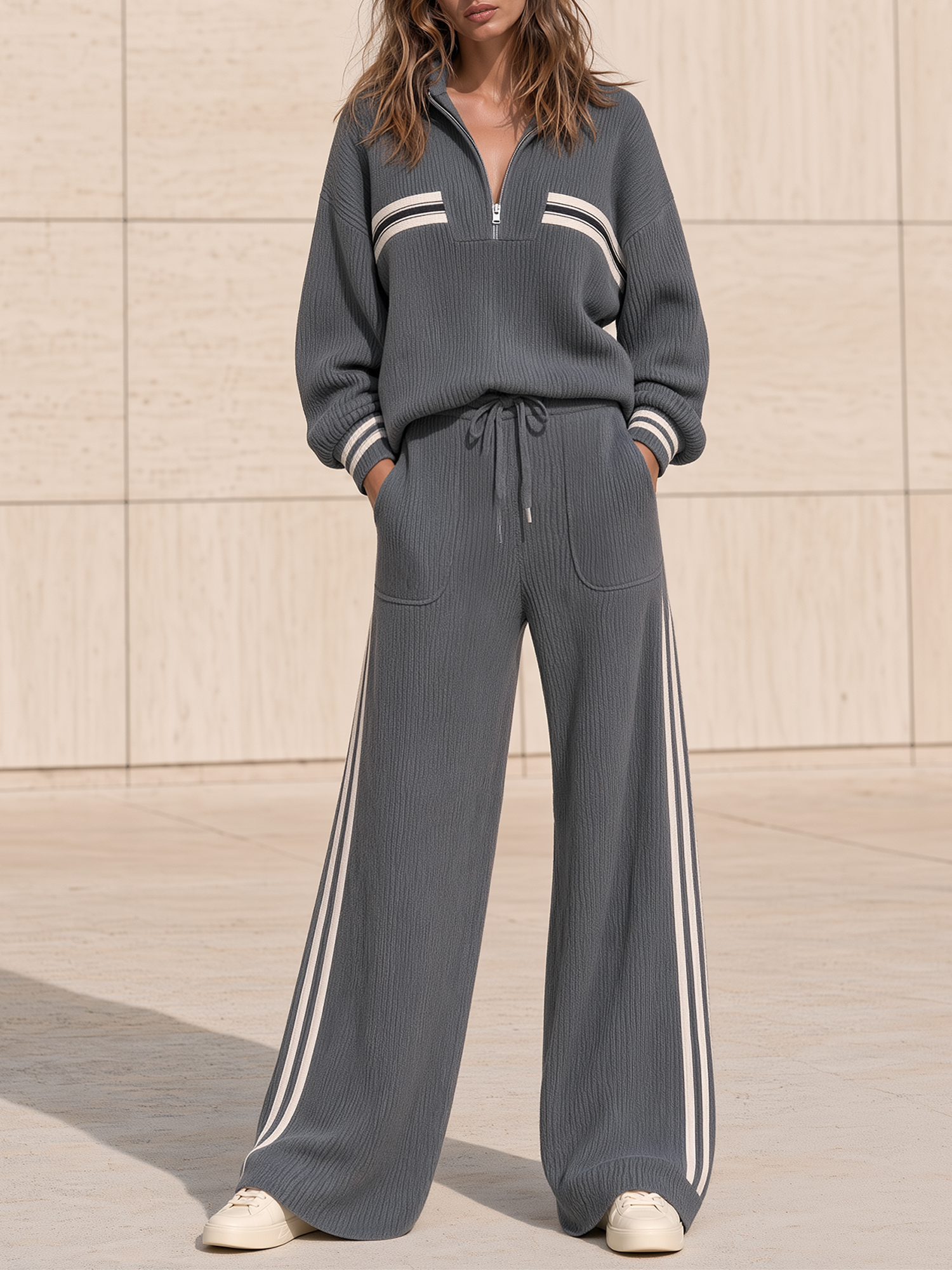 Dark Grey Color-block Half-zip Top And Wide-leg Knit Set