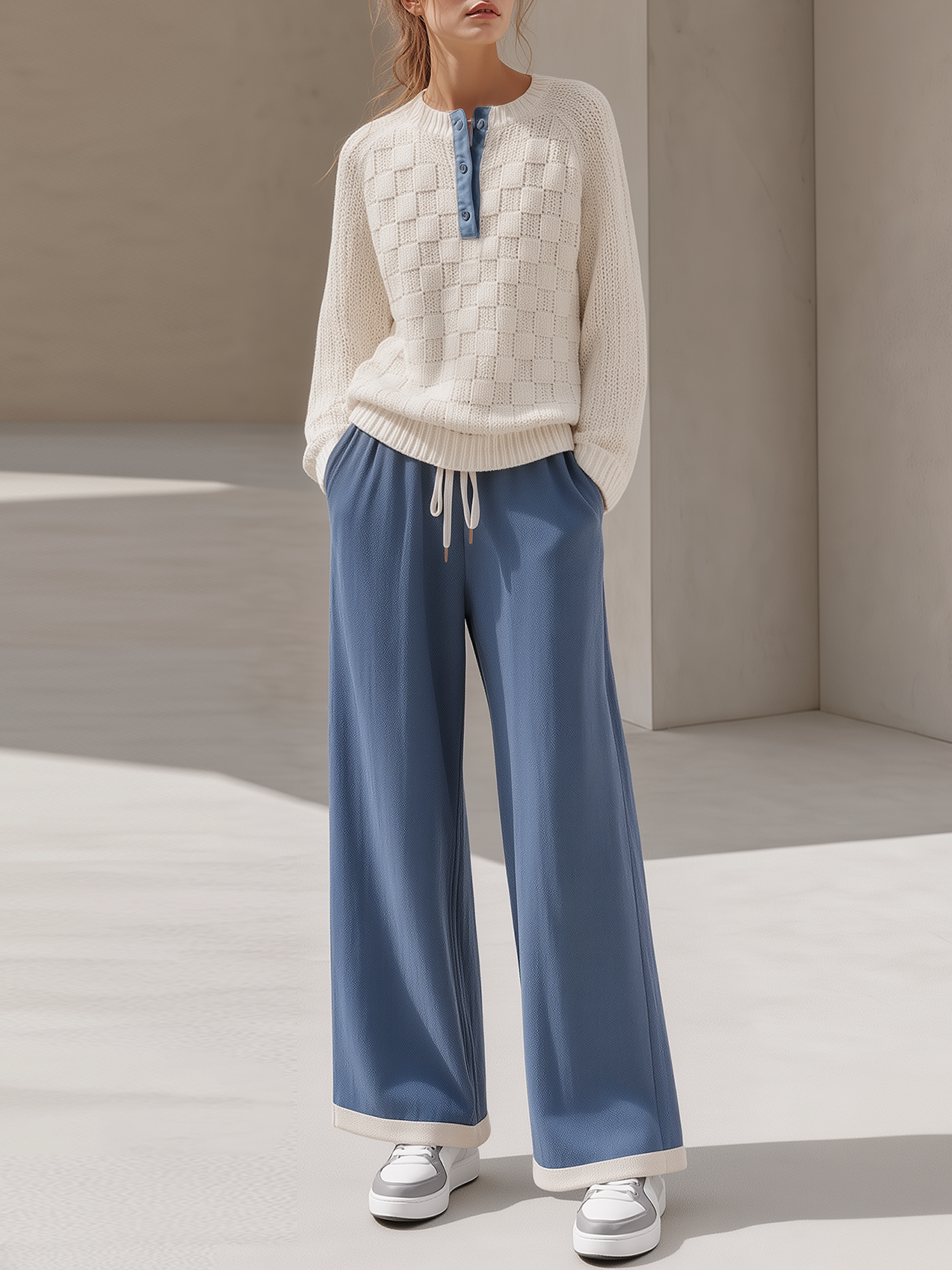 Off-white Grid Knit Henley Sweater & Blue Contrast Wide Leg Pants Set