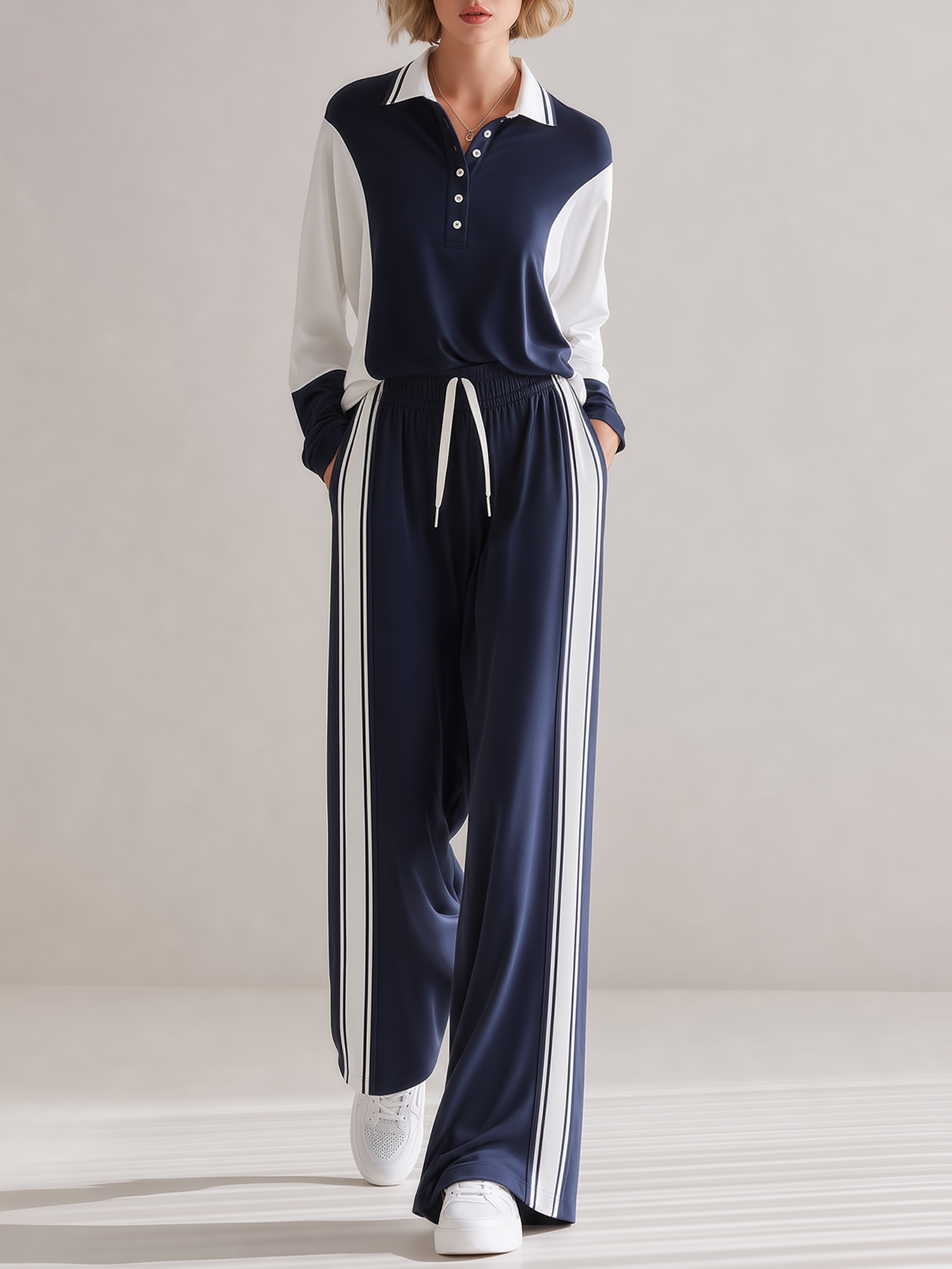 Navy And White Color-block Polo Shirt And Two-tone Striped Wide-leg Trousers Set