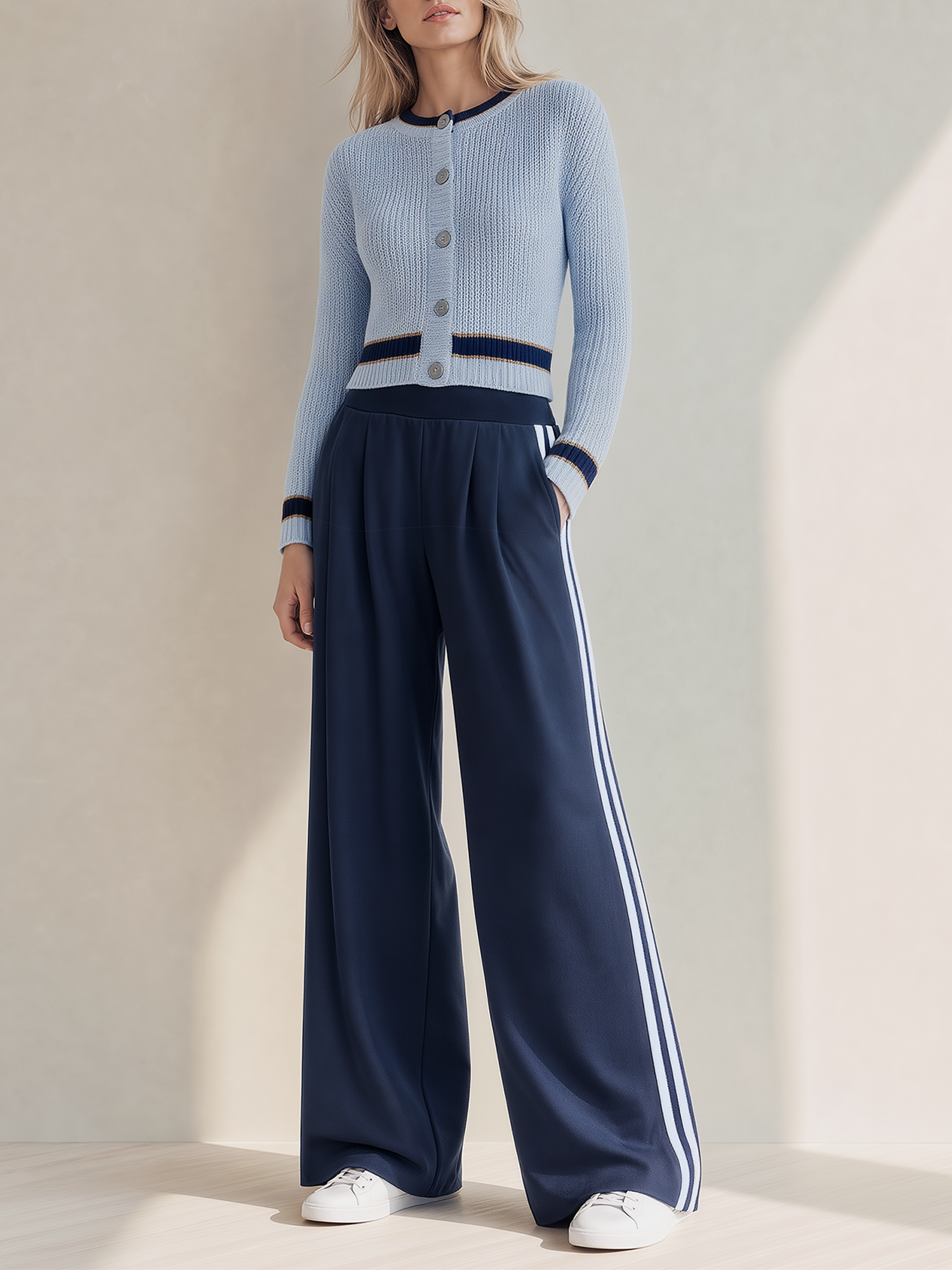 Light Blue Button-front Cropped Cardigan And Navy Blue Color-block Wide-leg Trousers Set.