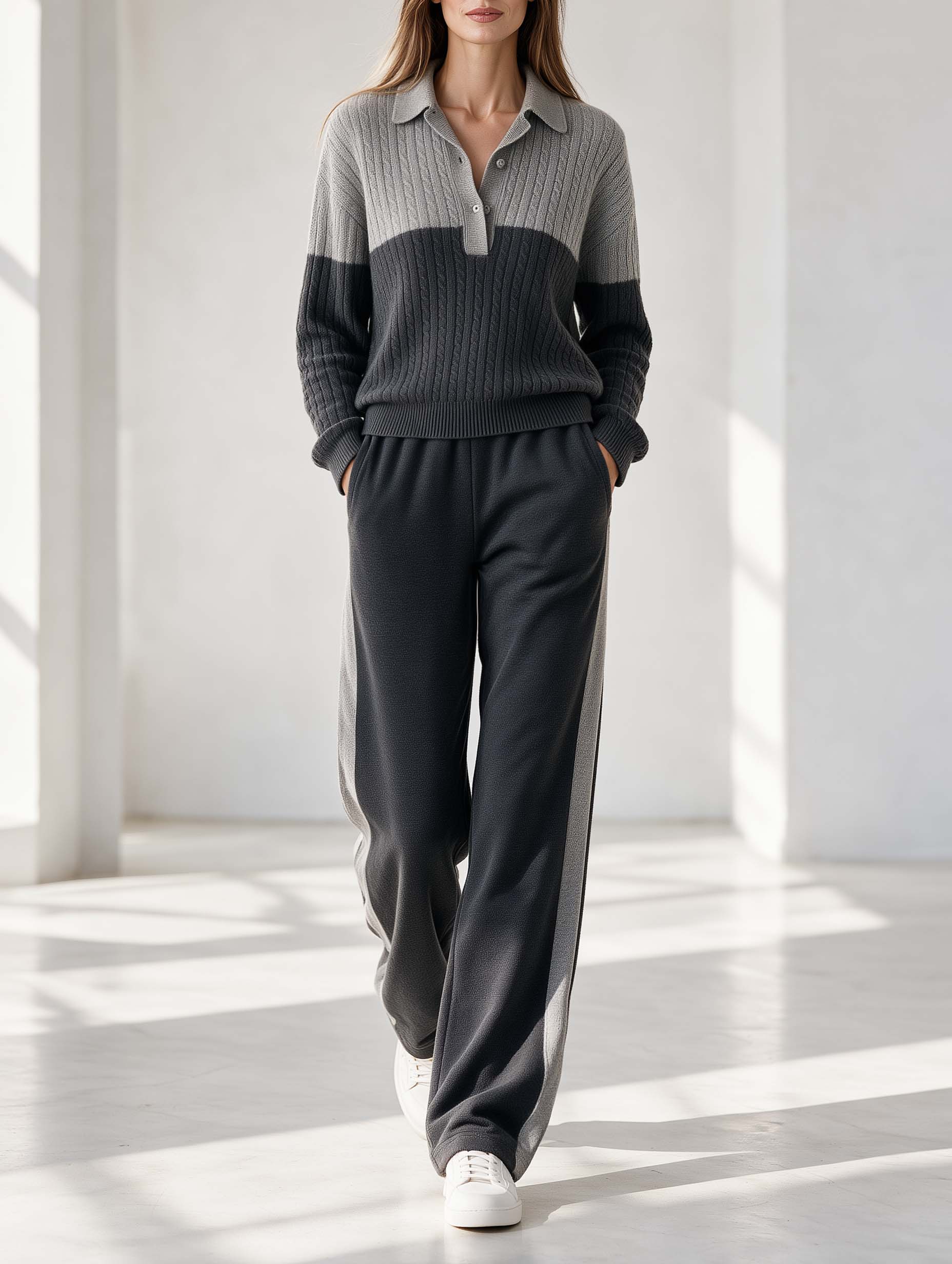 Stylish And Versatile Grey Collared Long-sleeve Sweater And Color-block Trousers Set