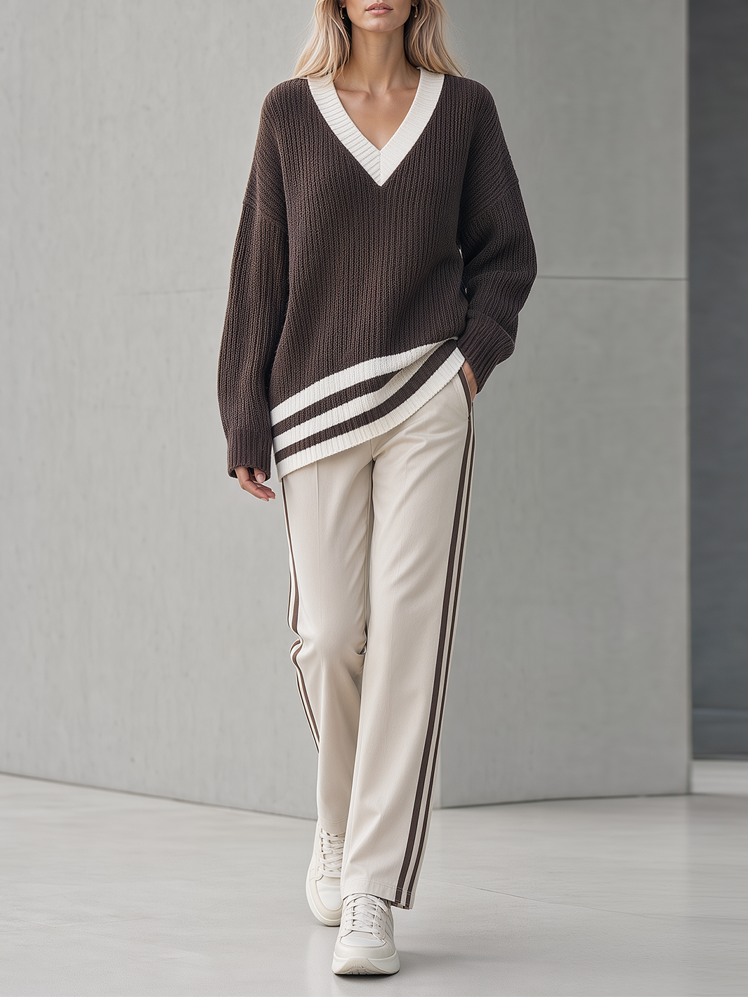 Dark Brown V-neck Color-block Mid-length Sweater And Off-white Trousers Set