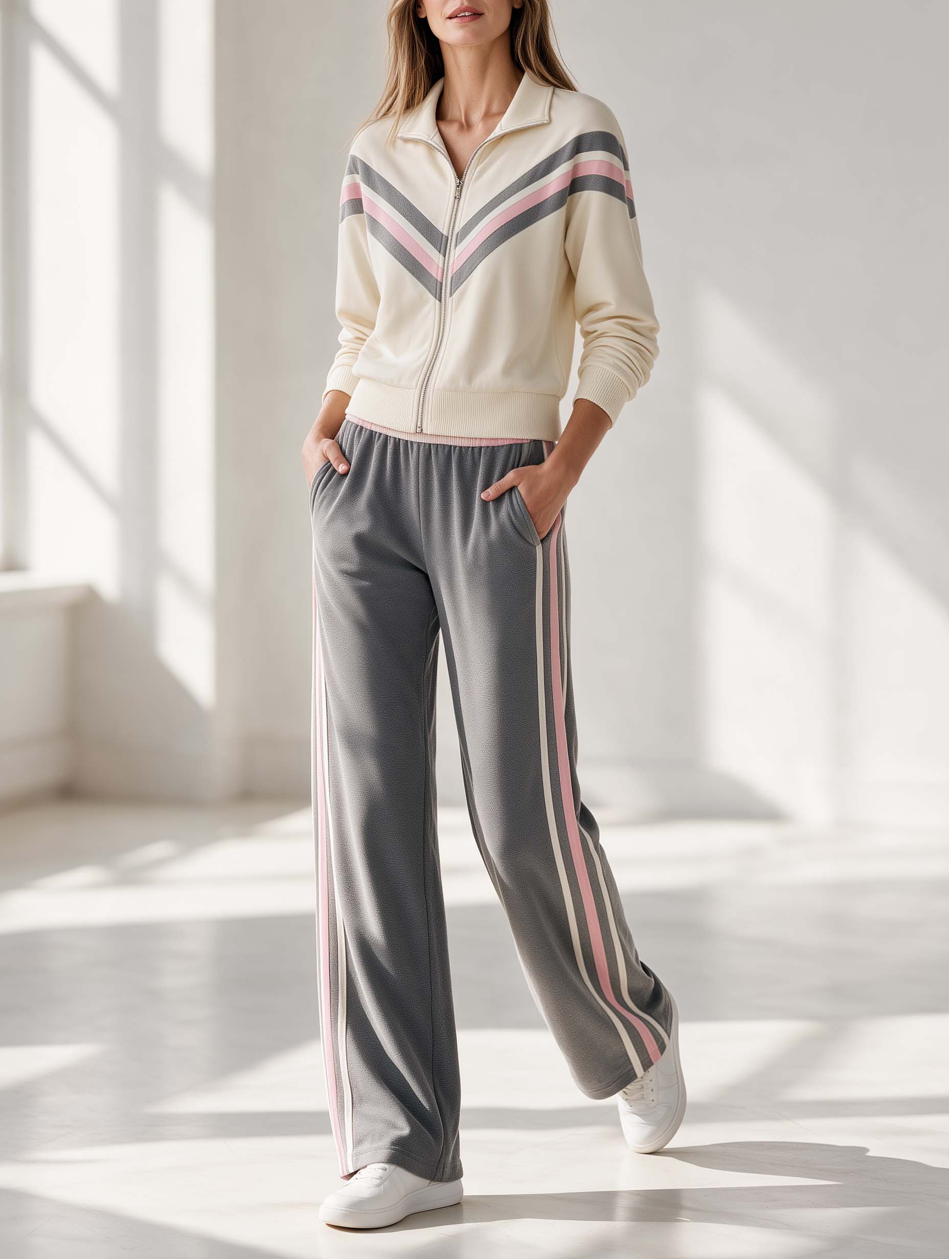 Stylish Casual White Color-Block Long-Sleeve Jacket And Grey Trousers Set