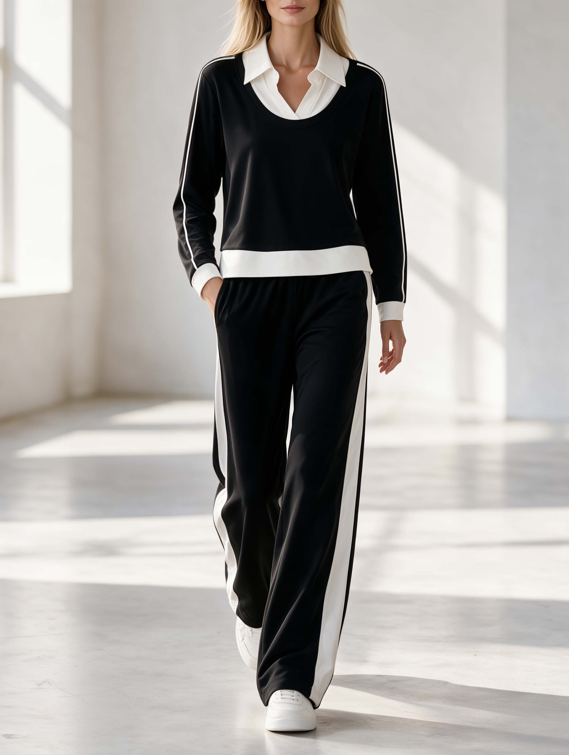 Black And White Color-block Long-sleeve Faux-layered Top And Trousers Set