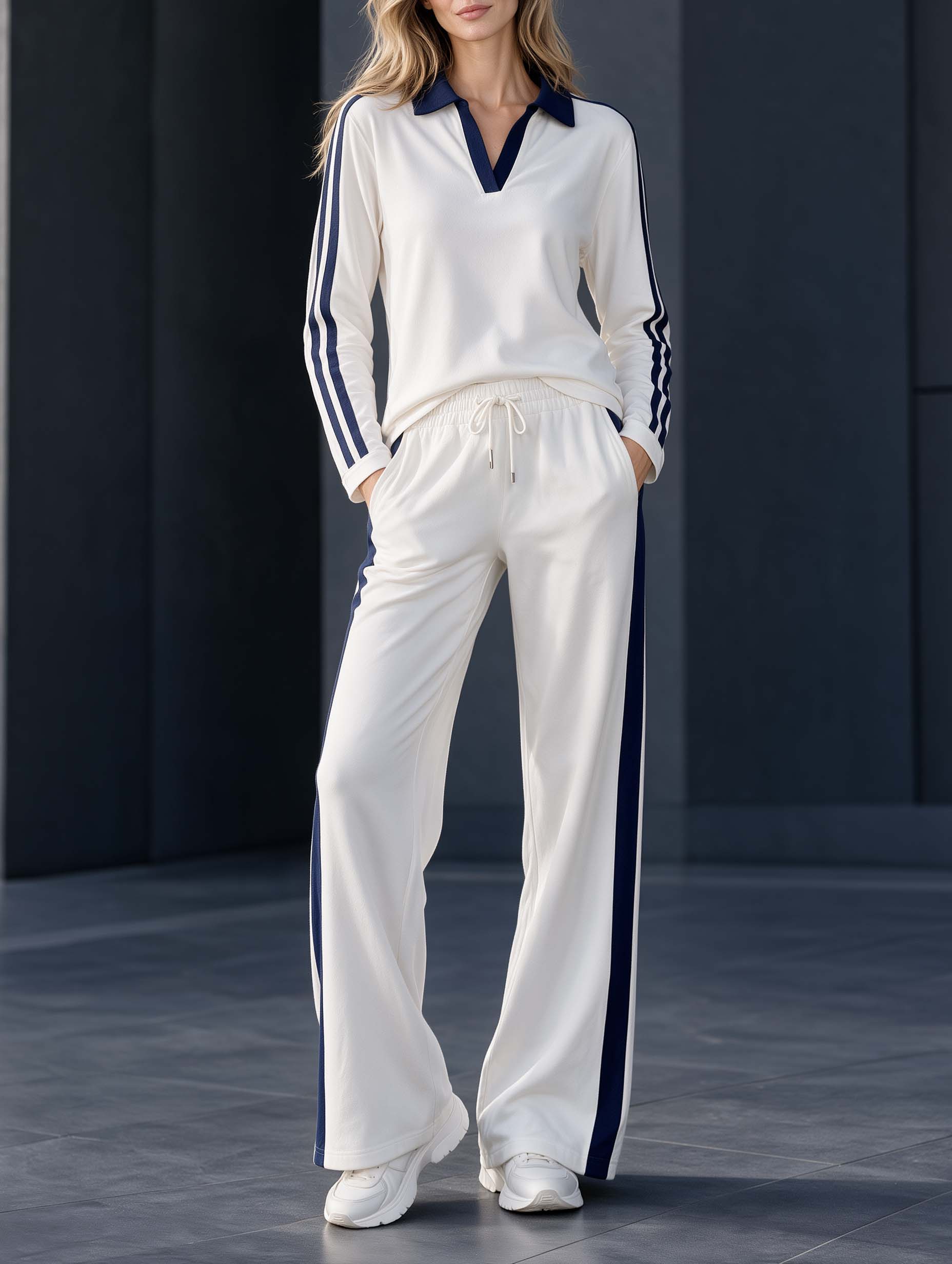 Stylish And Minimalist White Collared Color-block Long-sleeve Top And Wide-leg Trousers Set