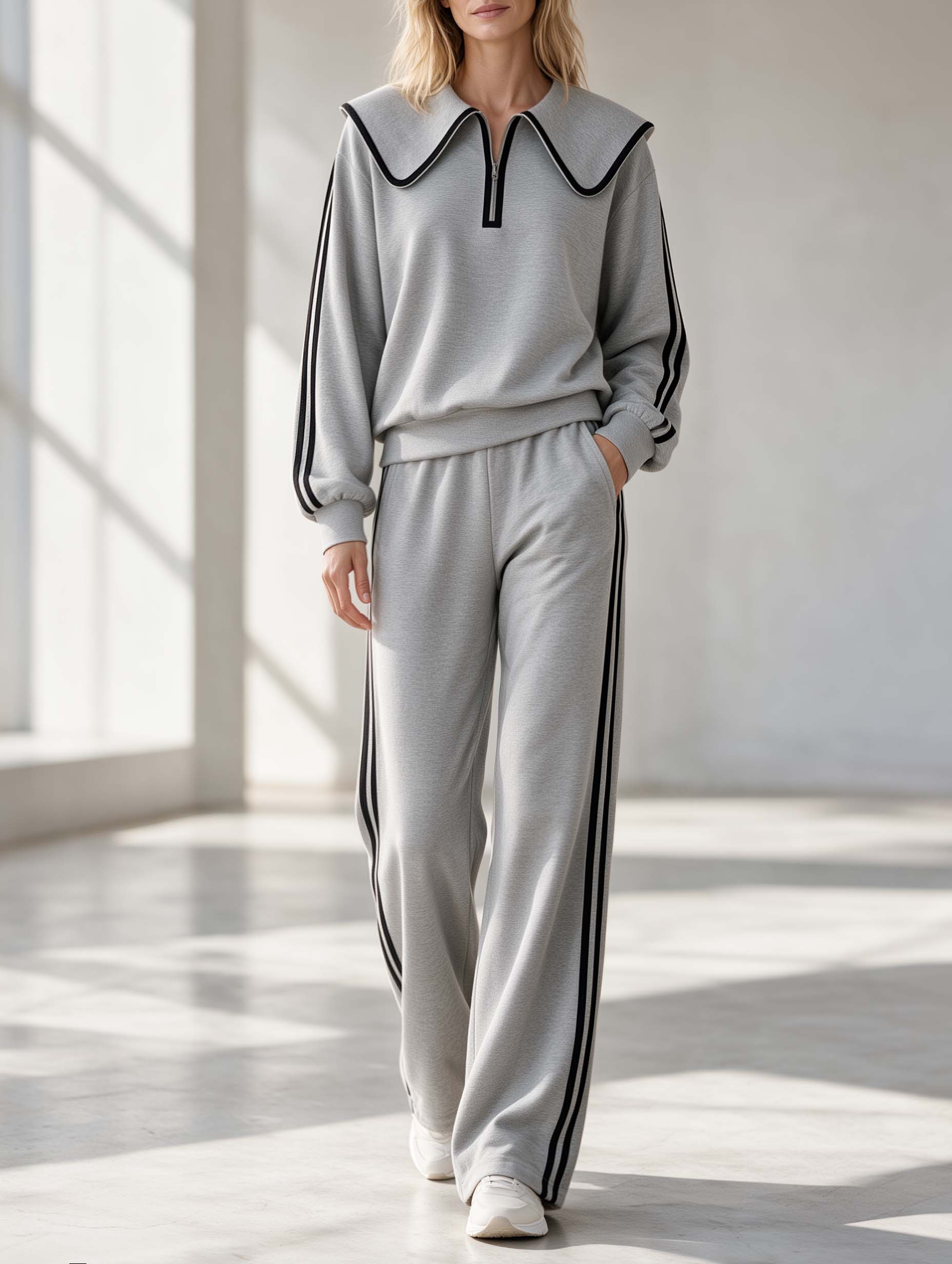 Stylish Grey Long-sleeved Collared Top And Trousers Set With A Youthful Look