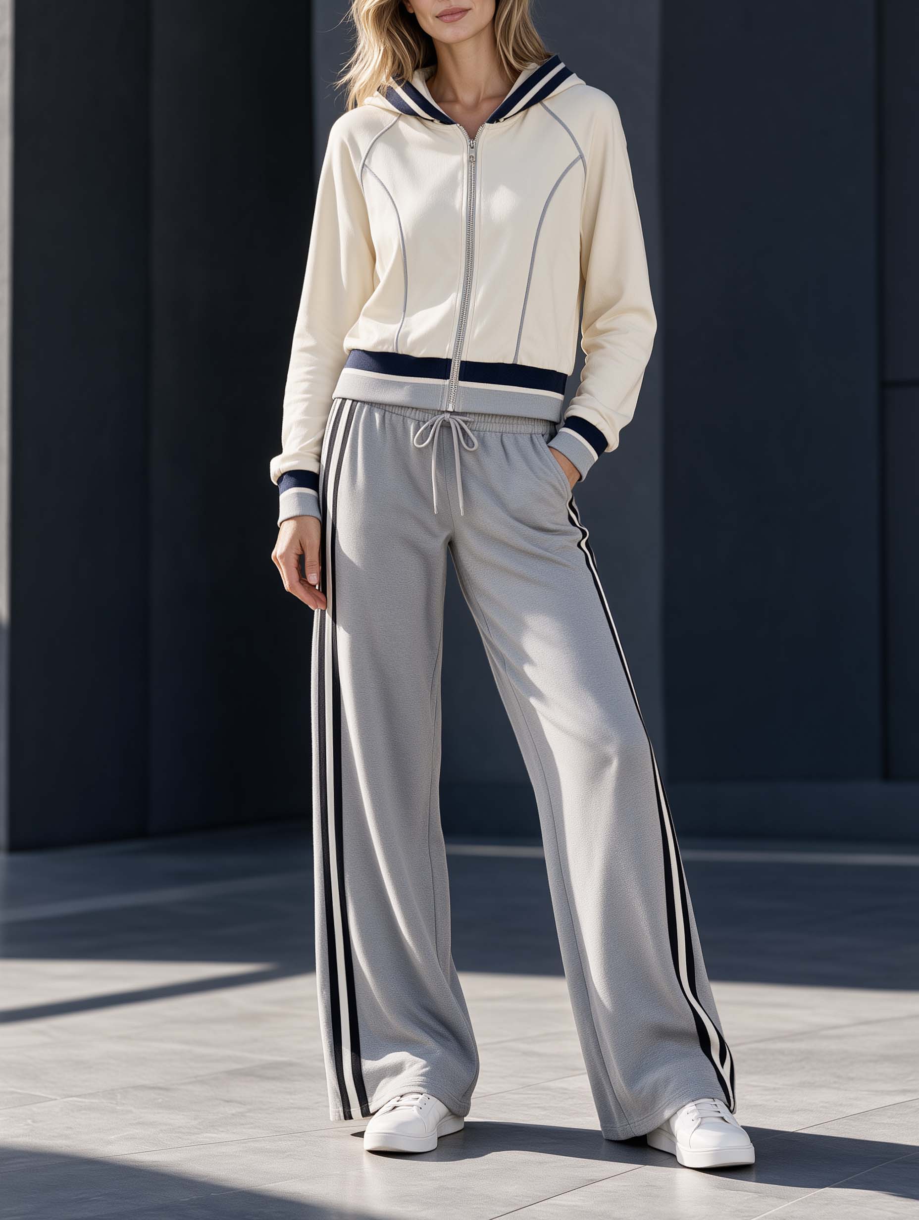 Stylish And Casual Off-white Color-block Long-sleeve Hooded Jacket And Grey Trousers Set