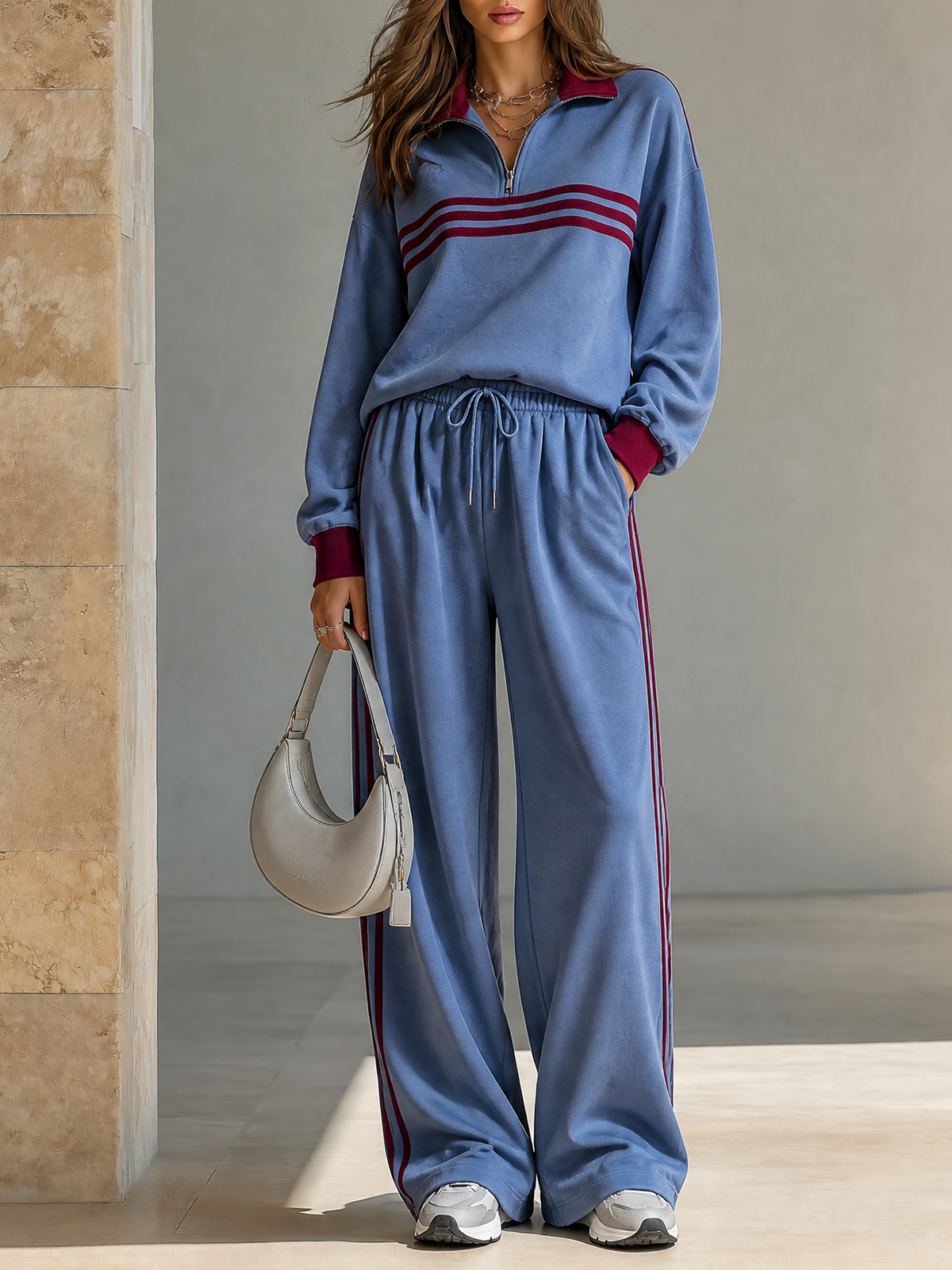 Blue- Burgundy Color-block Lapel Collar Zip Up Long-sleeve Sweatshirt Wide Leg Pants Two Piece Set