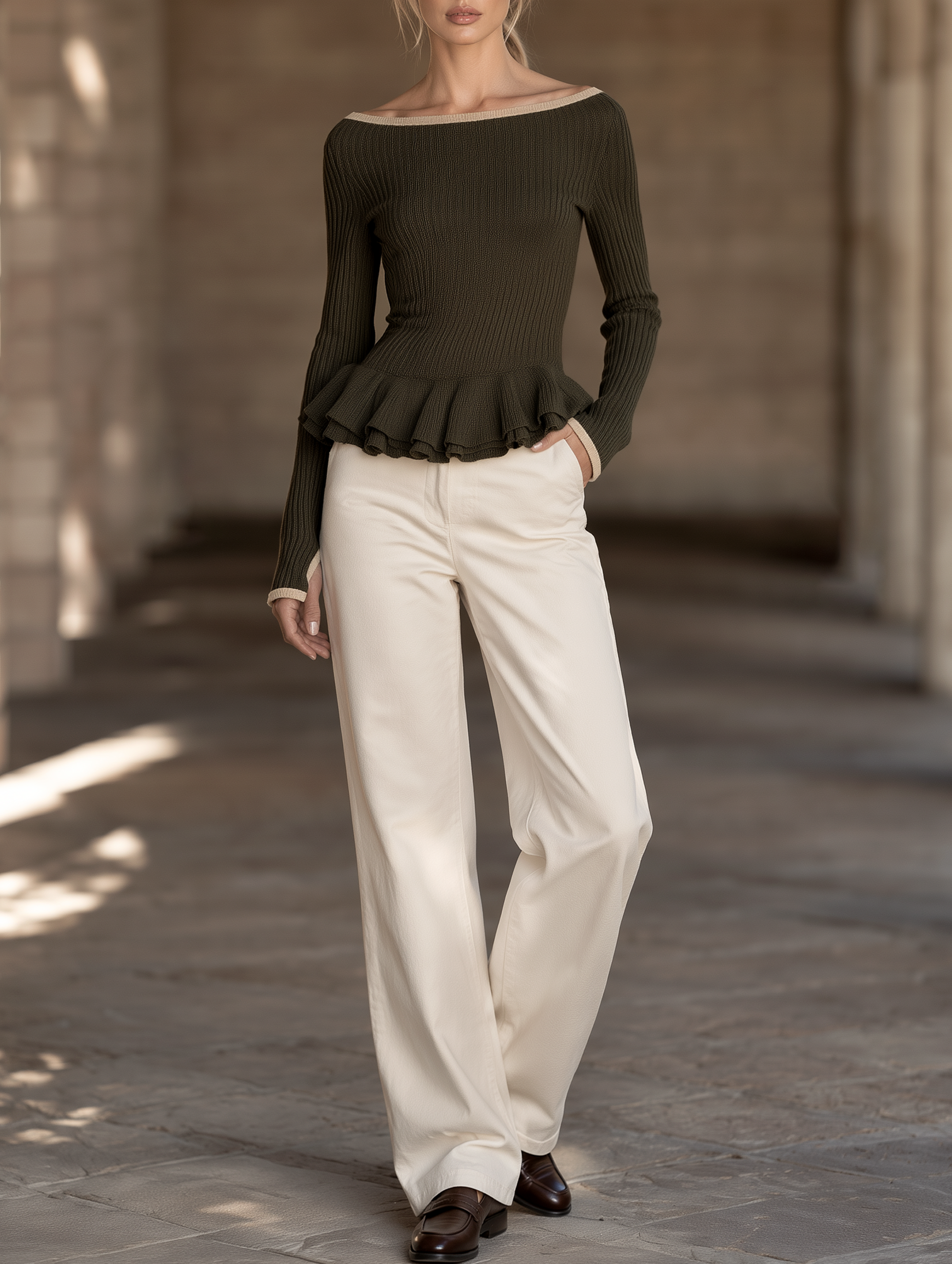 Off-shoulder Ruffled Knit Sweater And Straight-leg Trousers Set