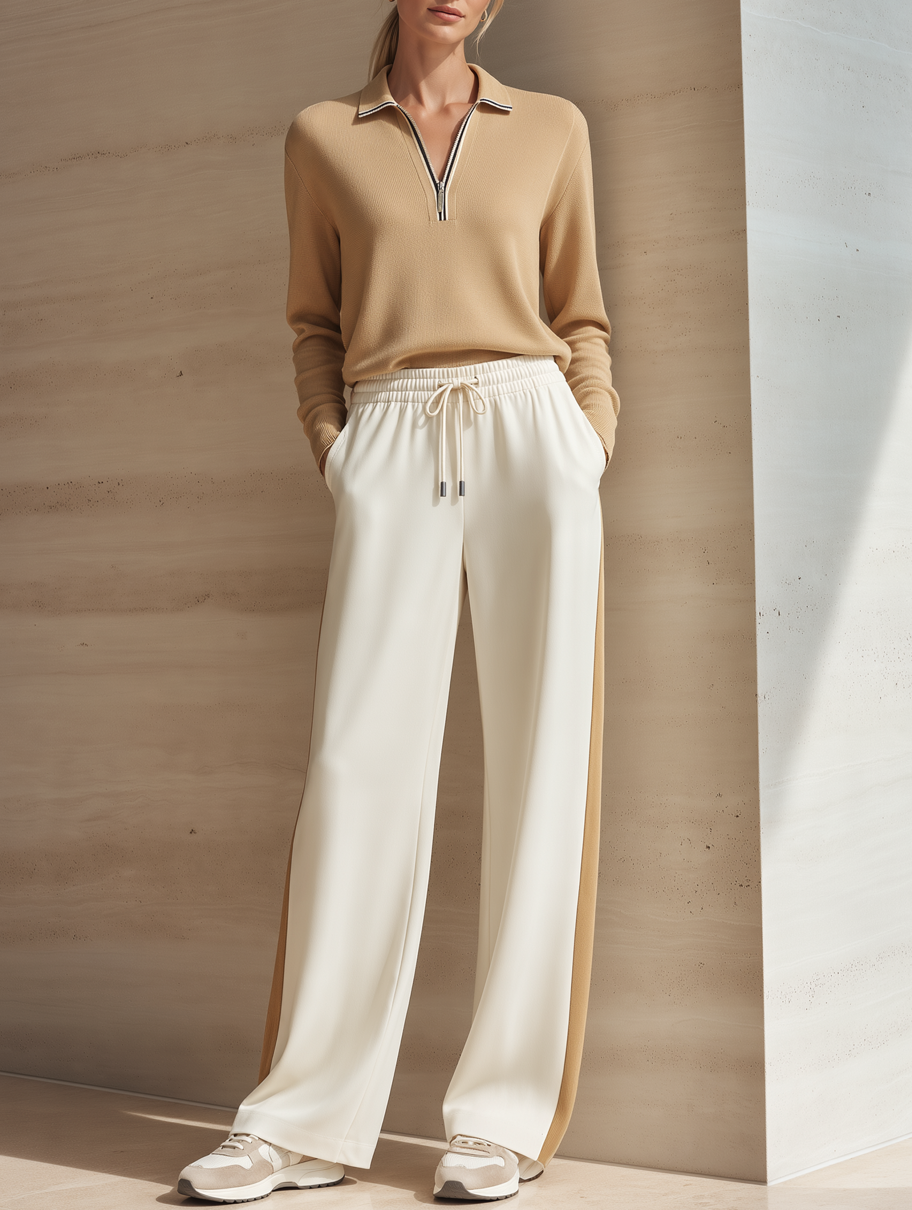 Half-zip Long-sleeve Knit Top And Color-block Wide-leg Pants Set