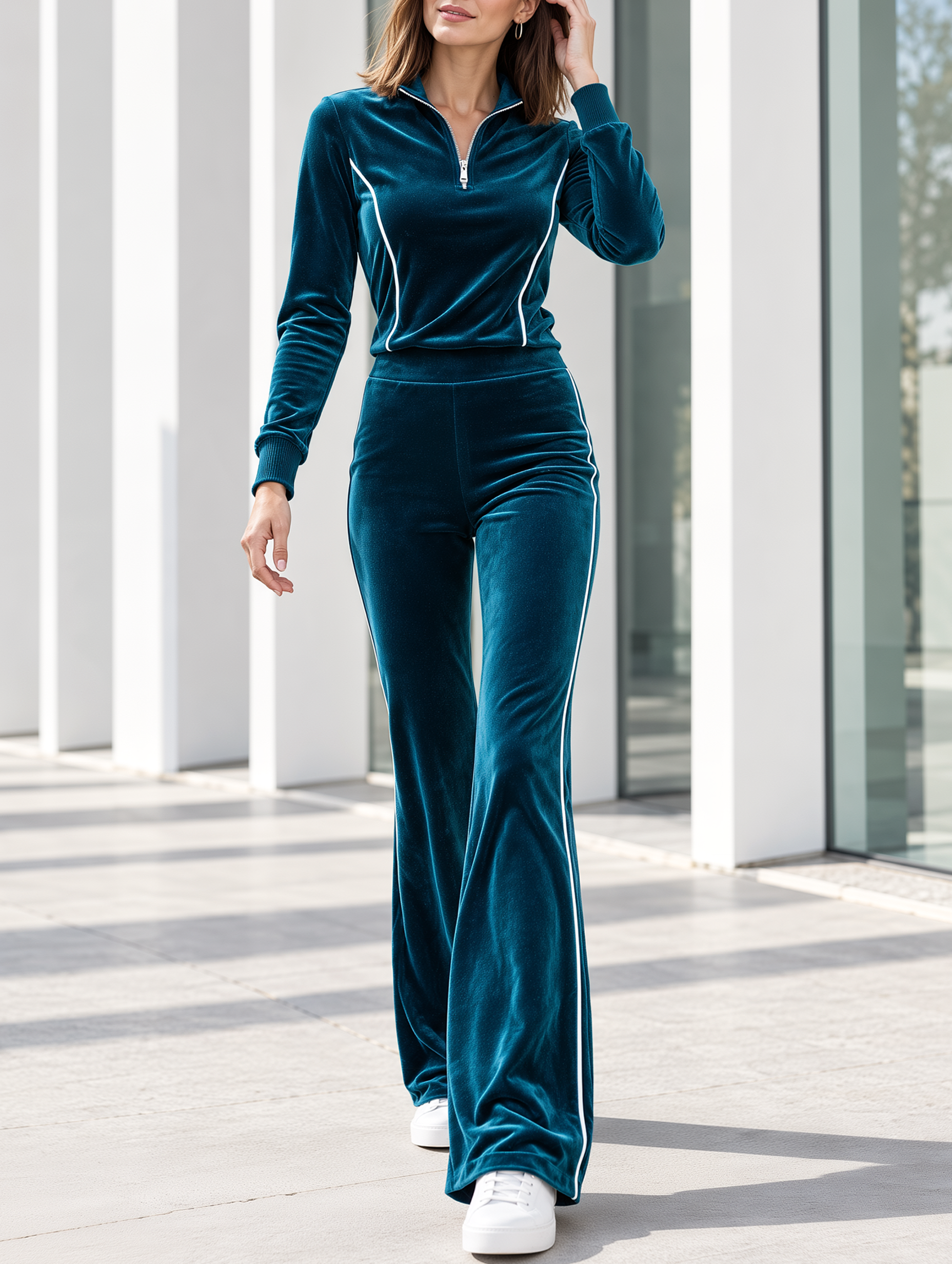 Retro Velvet Half-Zip Top And Flared Trousers Matching Set