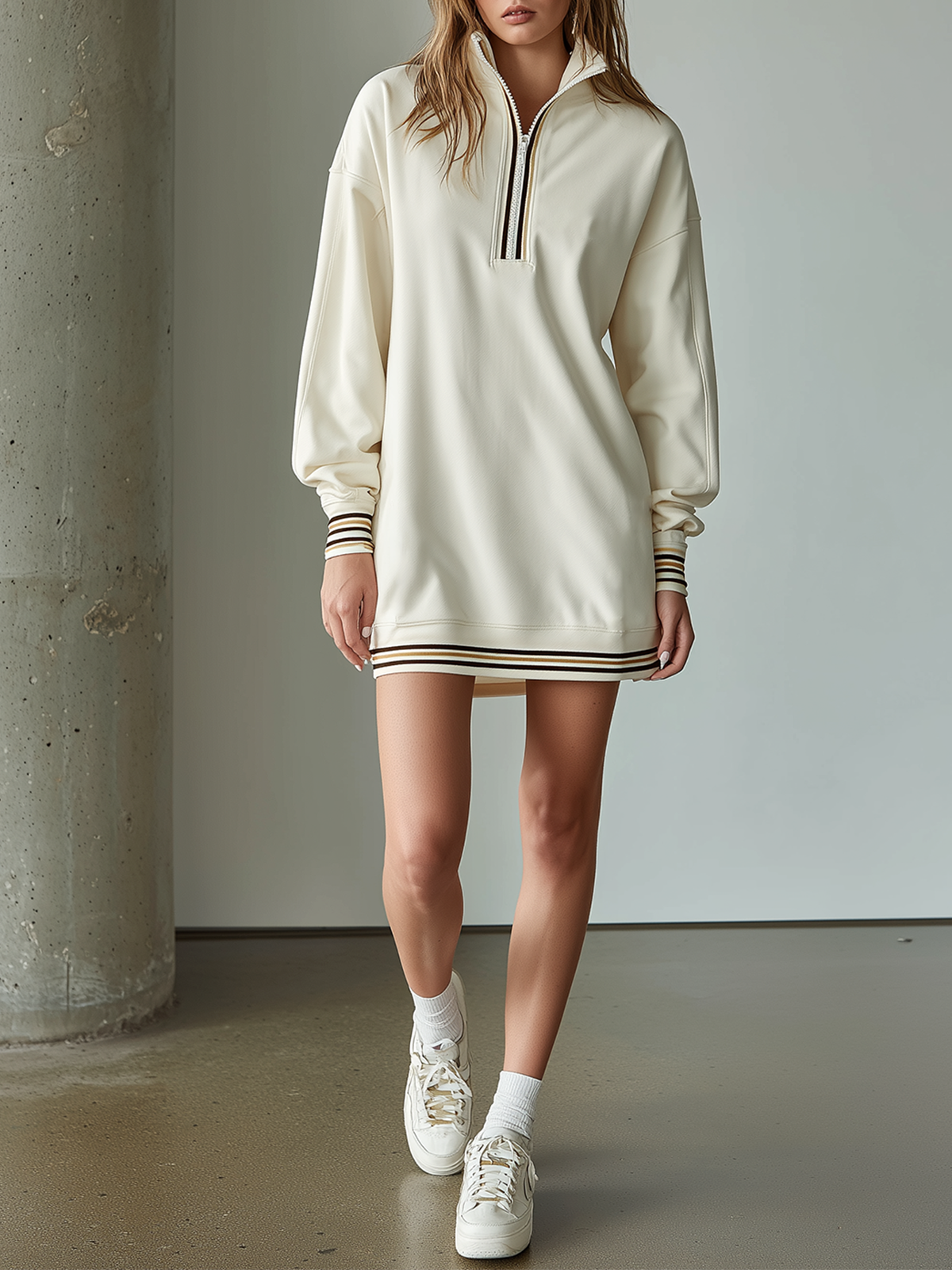 Off-White Stand Collar Zip Up Long-sleeve Contrast Stripes Sweatshirt Mini Dress