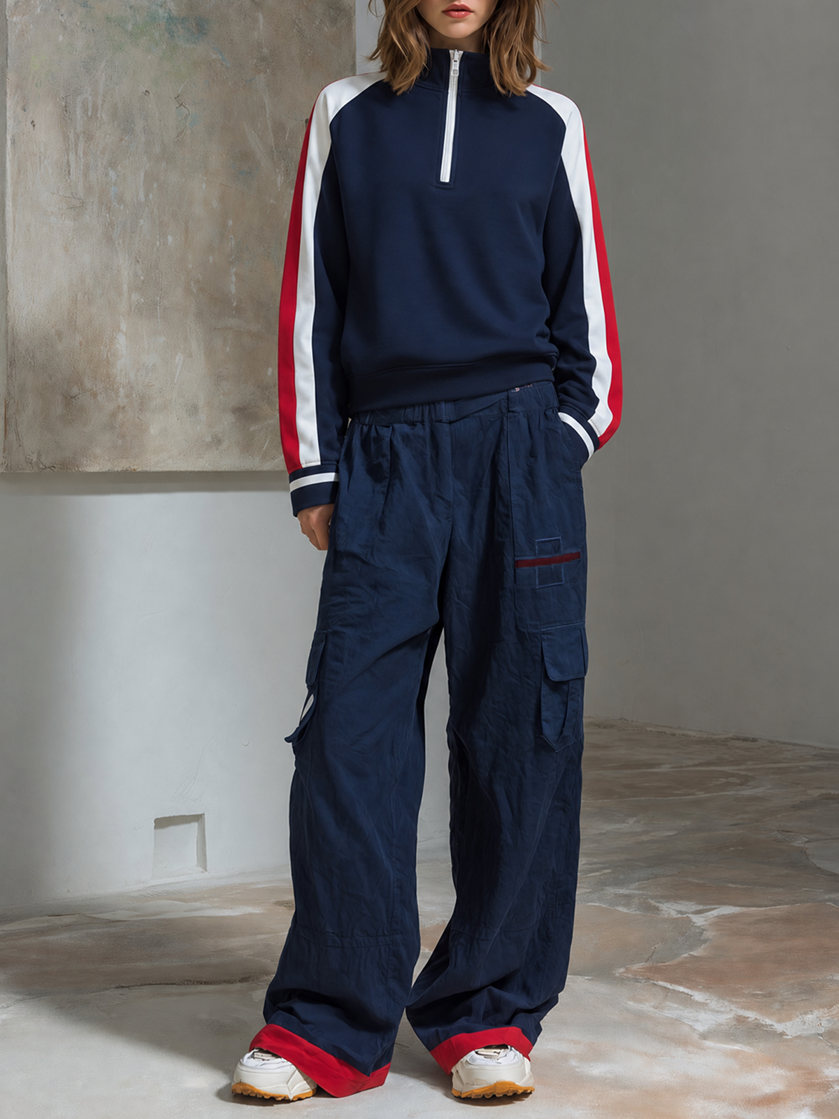 Navy Blue Half-Zip Collar Contrast Stripes Long-sleeve Sweatshirt Wide Leg Cargo Pants Two Piece Set