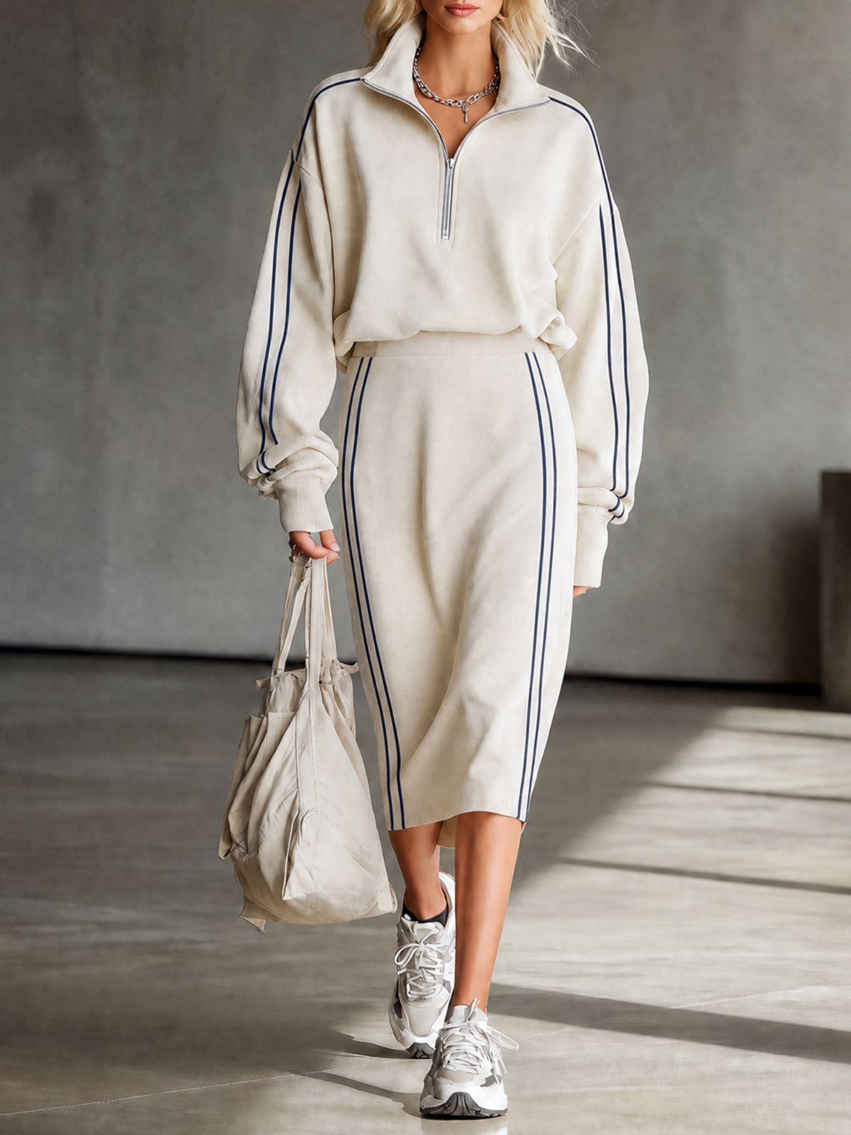 Off-White Half-Zip Collar Contrast Stripes Long-sleeve Sweatshirt Two Piece Midi Skirt Set