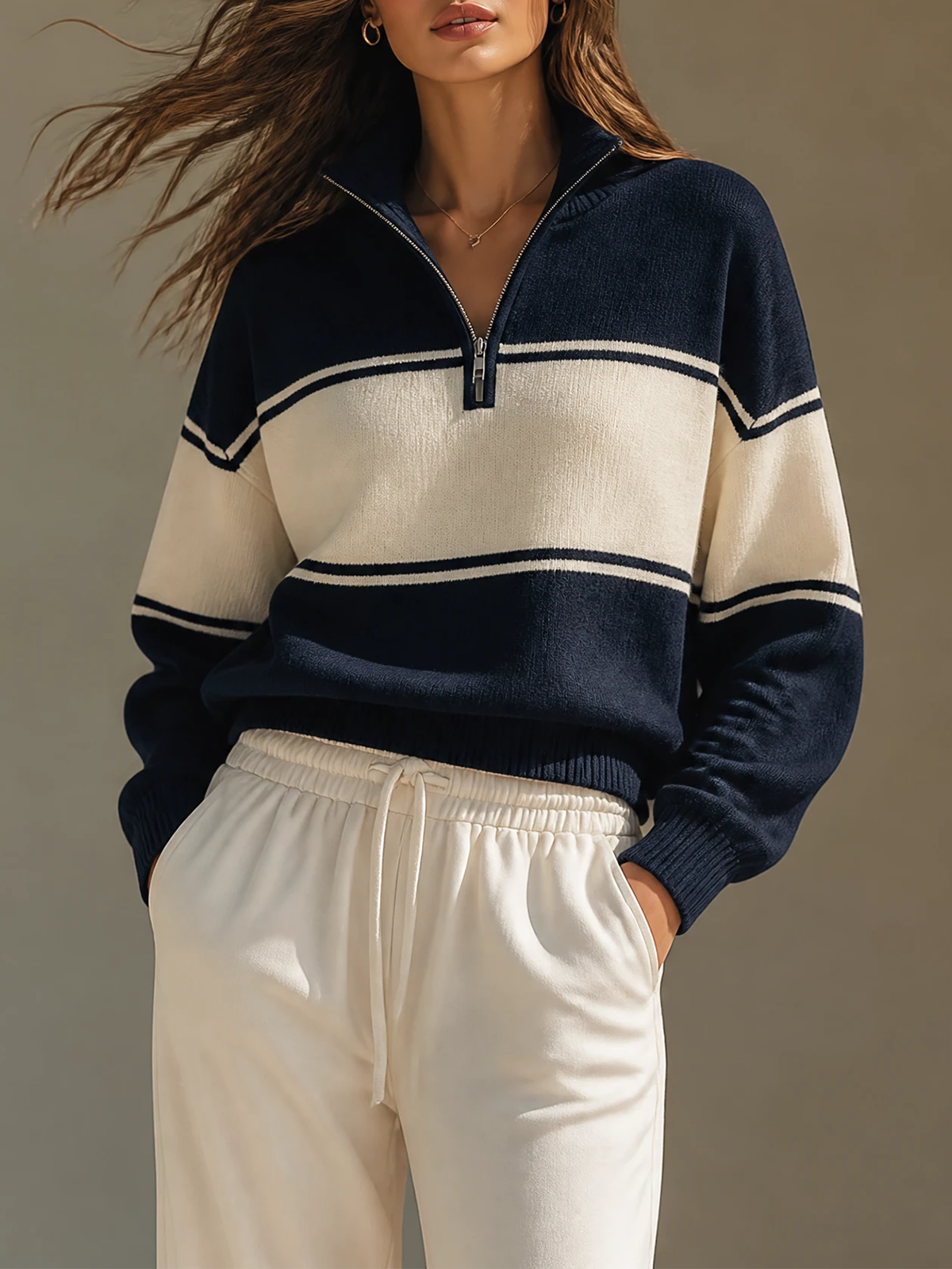 Navy Blue-White Color-block Stand Collar Half Zip Long-sleeve Loose-Fit Knit Sweater