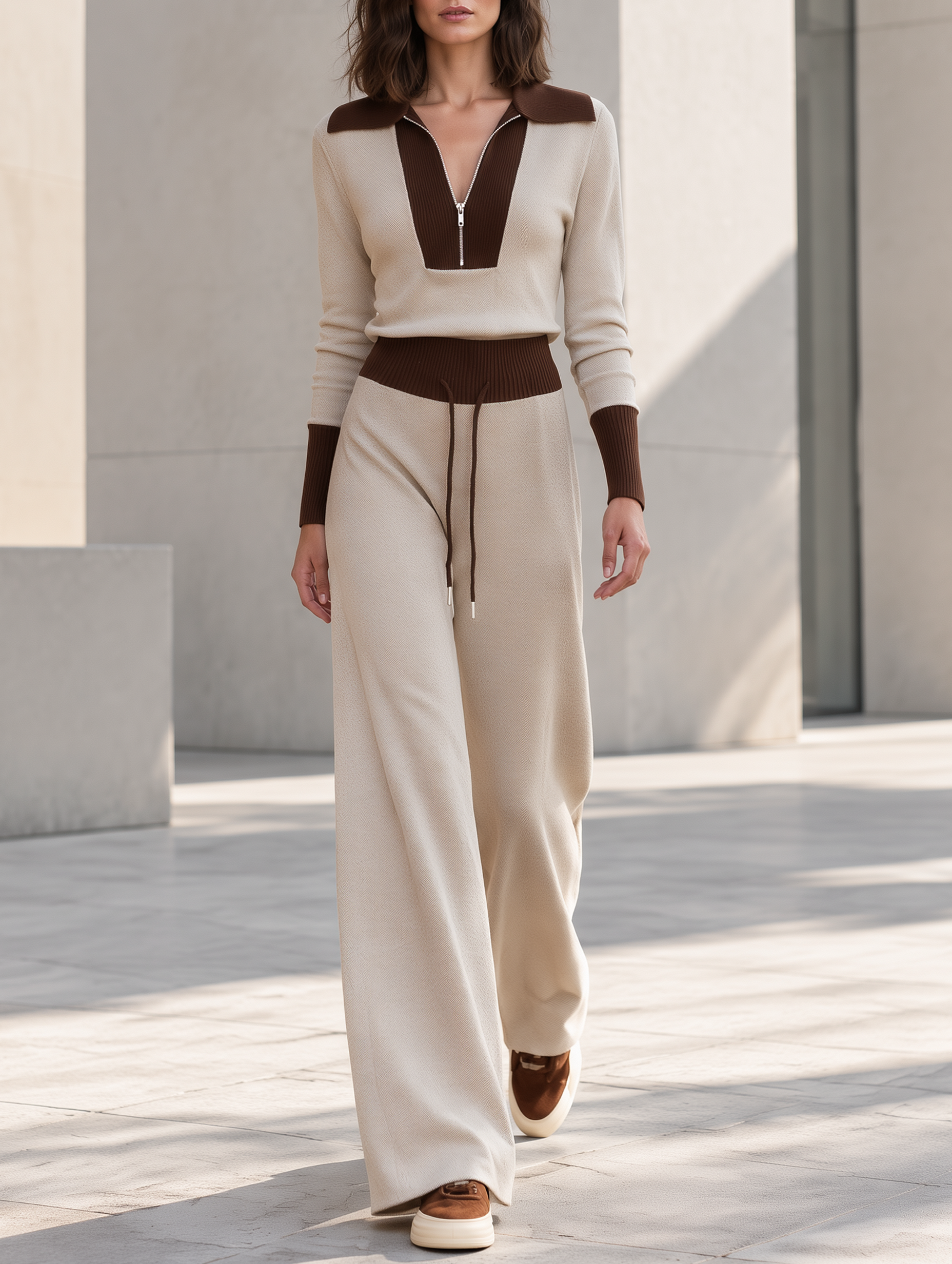 Women's Beige Half-Zip Polo And Drawstring Wide-Leg Pants Set
