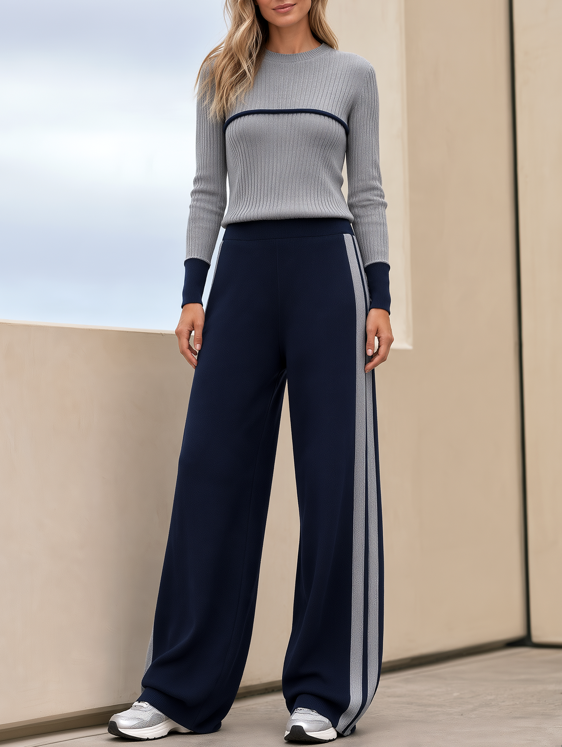 Grey Ribbed Crew-neck Sweater And Navy Wide-leg Trousers Set