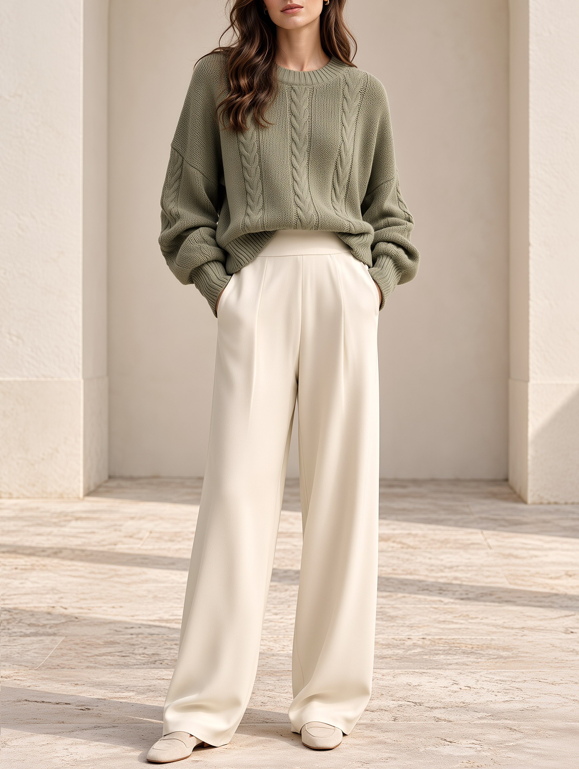 Cable-knit Crew-neck Sweater And Wide-leg Trousers Set