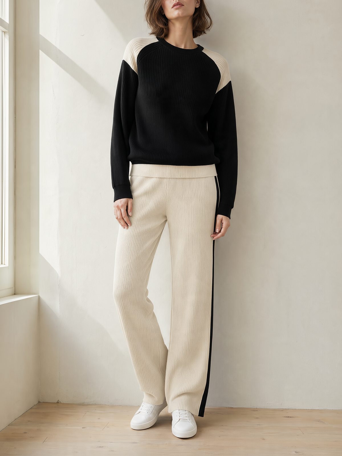 Black Cream Color Block Sweater & Side Stripe Knit Pants Set