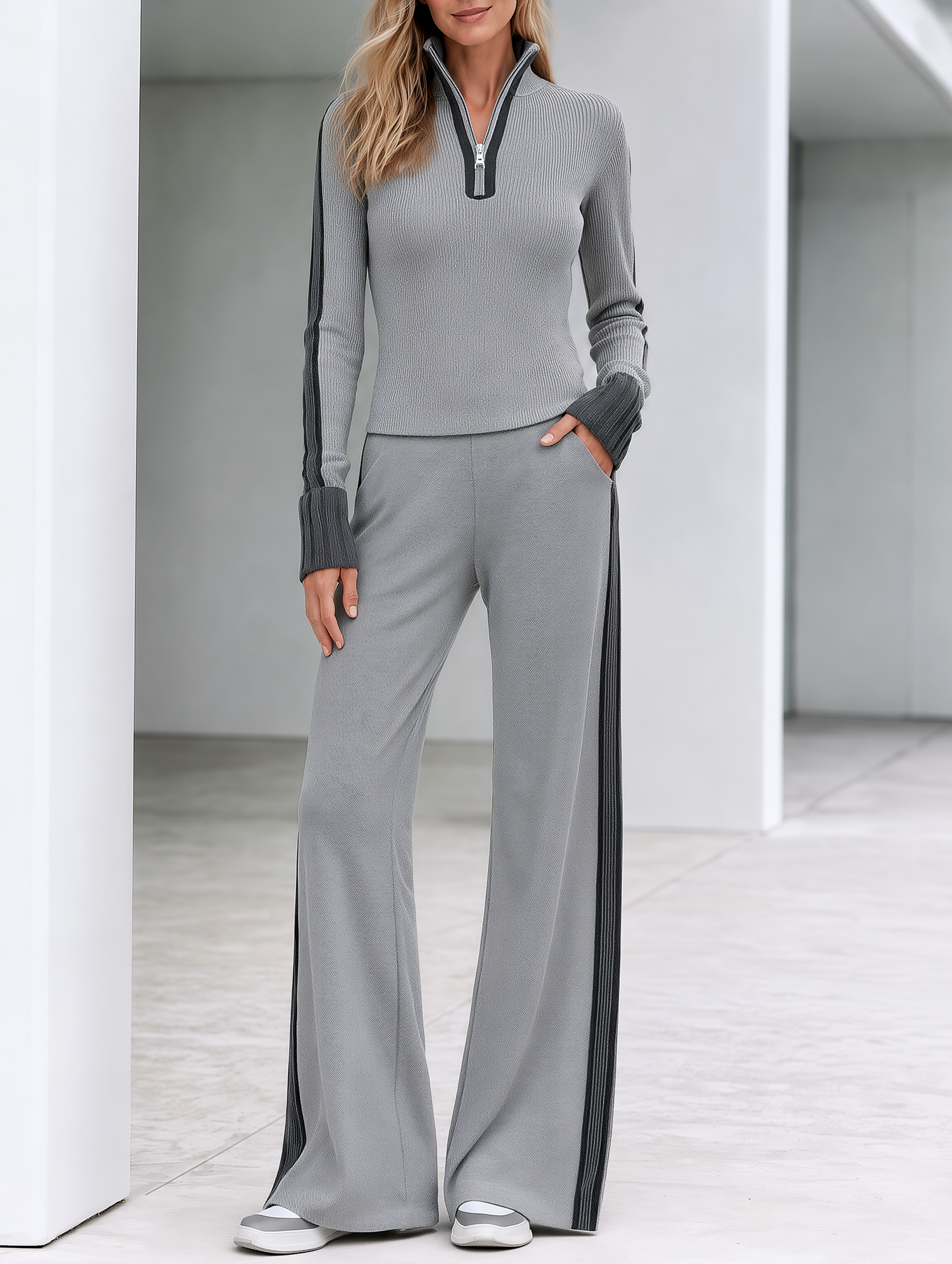 Light Grey Half-zip Top And Striped Wide-leg Trousers Set