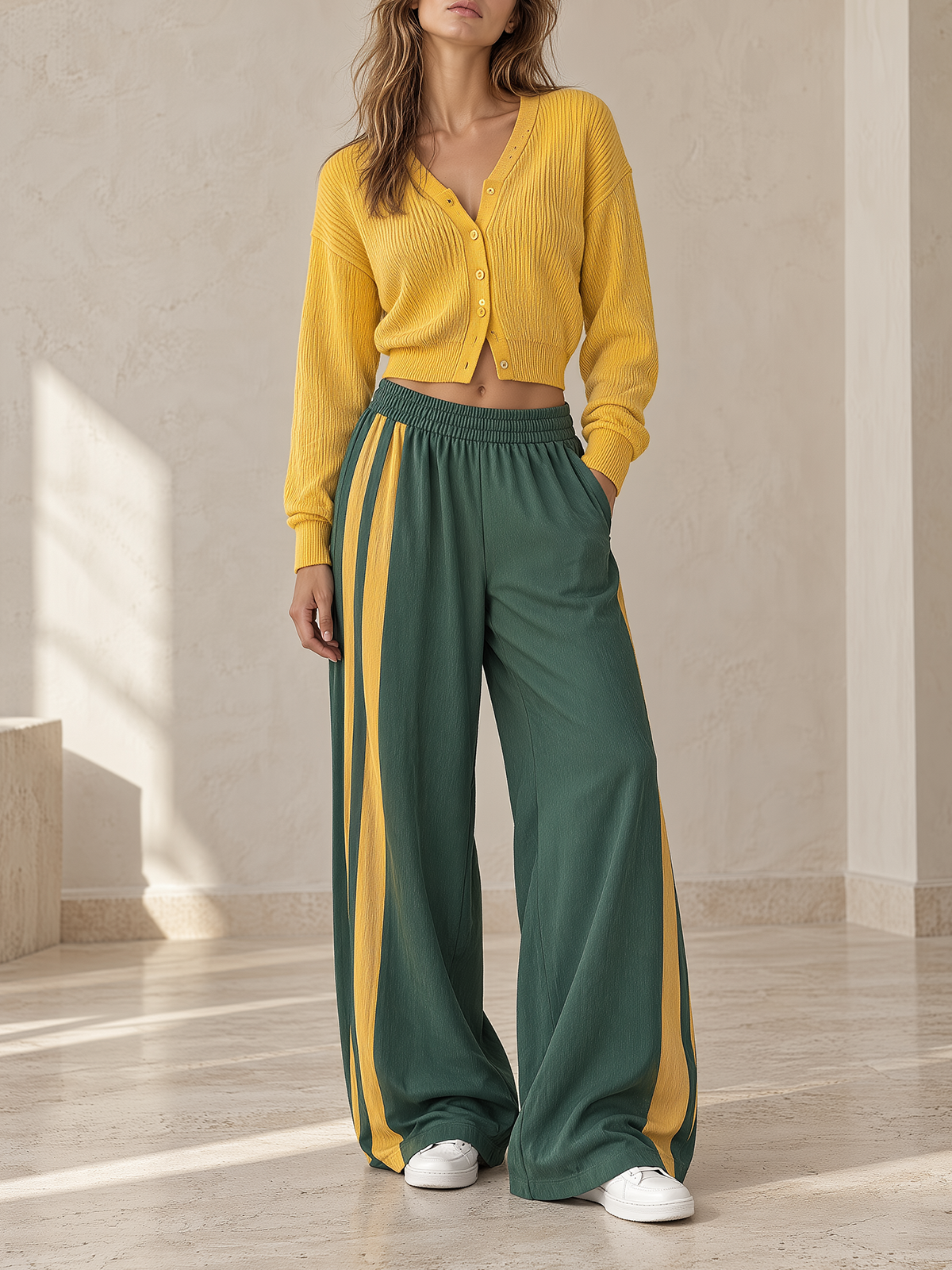 Yellow Cropped Cardigan & Green Side Stripe Wide-Leg Pants Set
