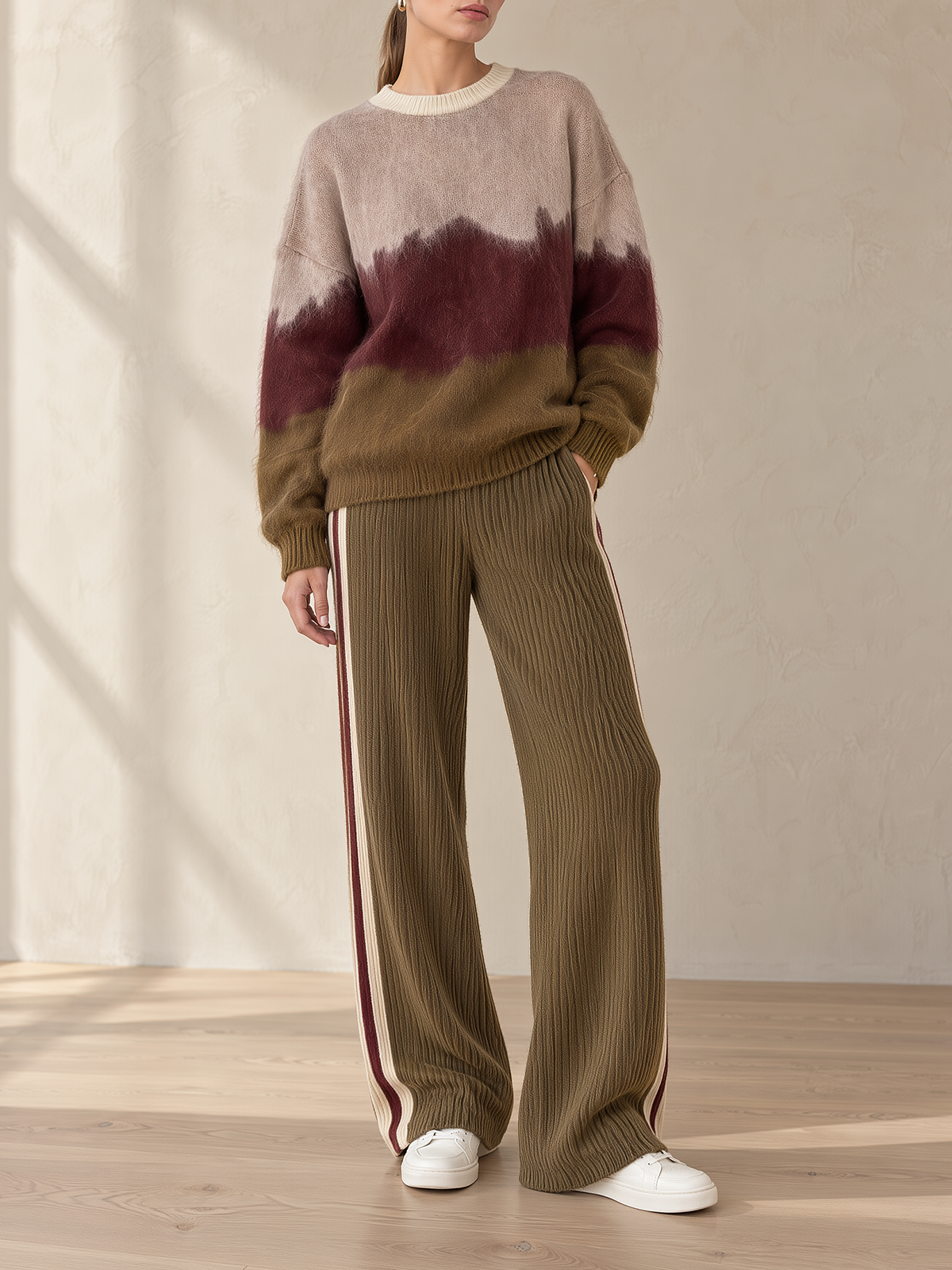Ombre Fuzzy Sweater & Olive Side Stripe Knit Pants Set