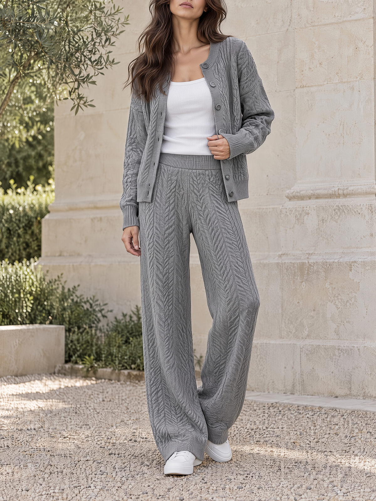 Grey Cable Knit Cardigan & Wide-Leg Pants Set