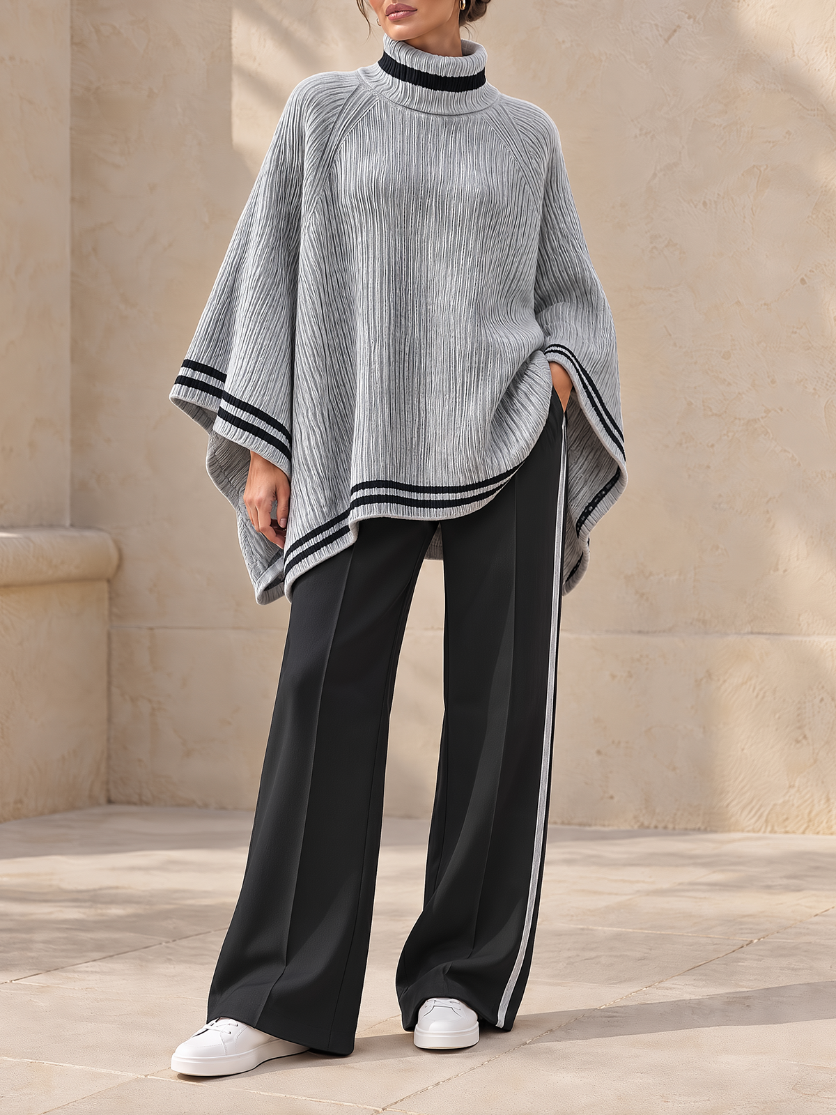 Grey Turtleneck Poncho Sweater & Black Side Stripe Pants Set