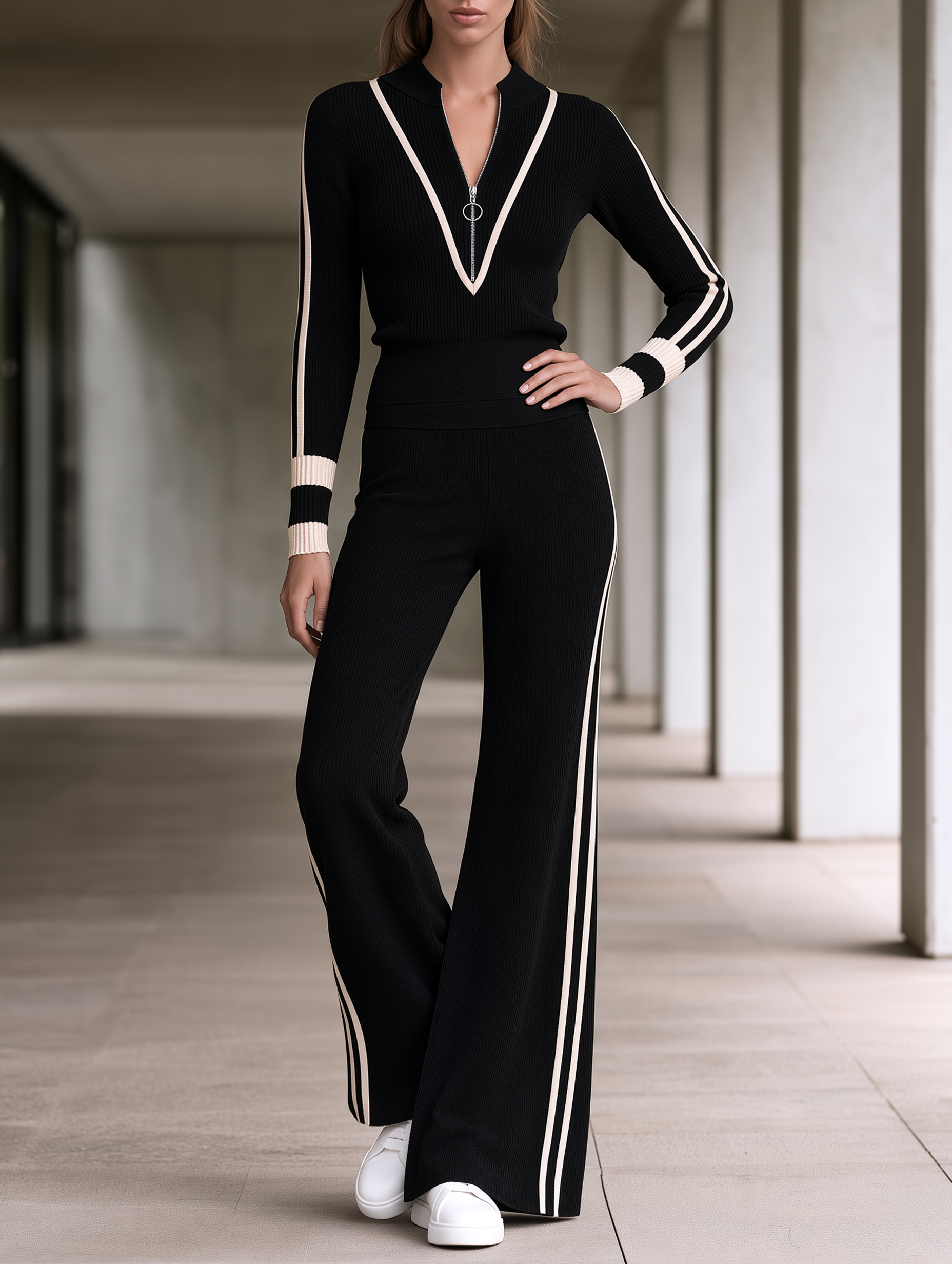 Black Half-zip Mock-neck Sweater And Knitted Wide-leg Pants Set