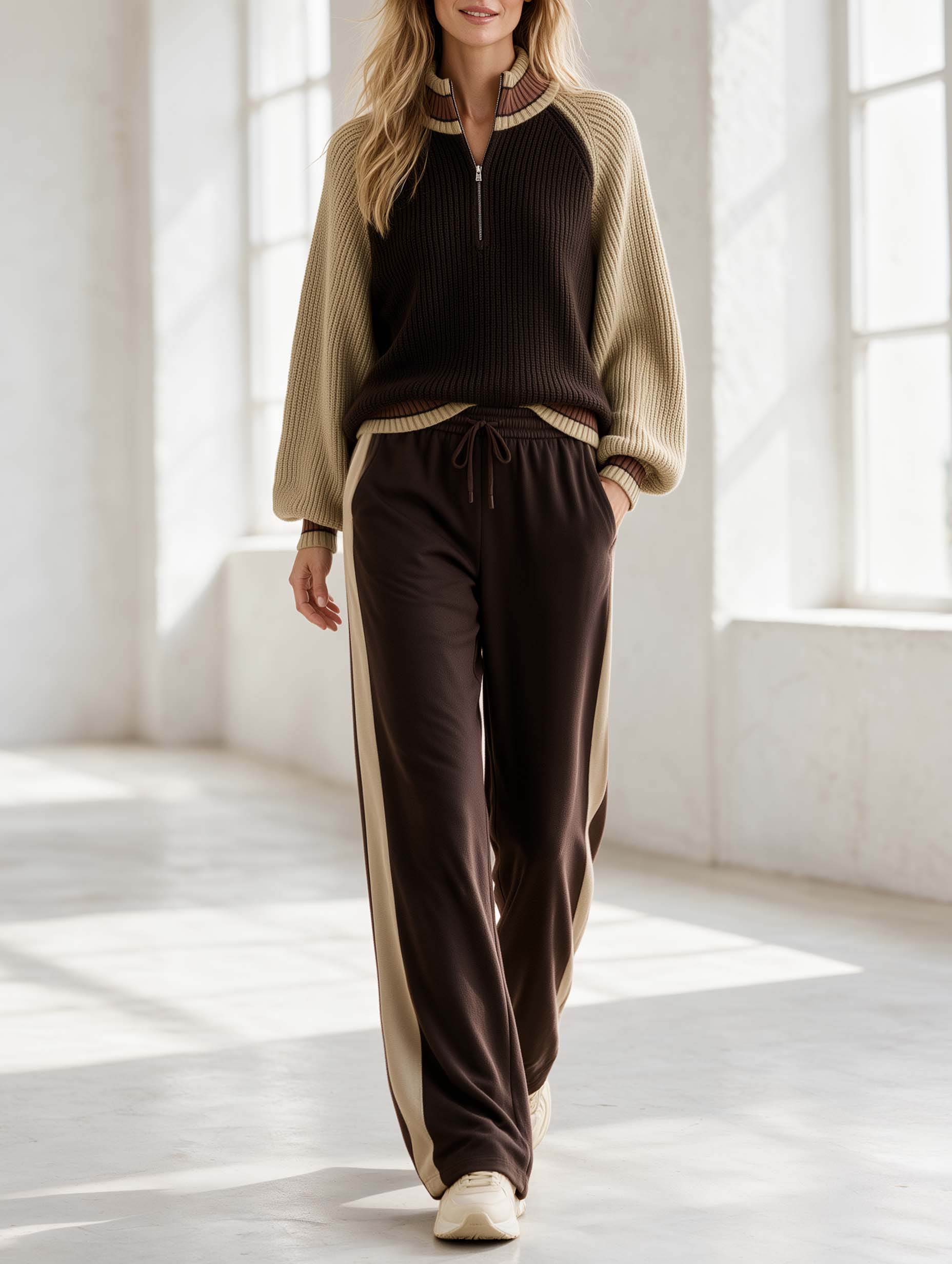 Stylish Casual Brown And Khaki Color-Block Long-Sleeve Half-Zip Sweater And Pants Set