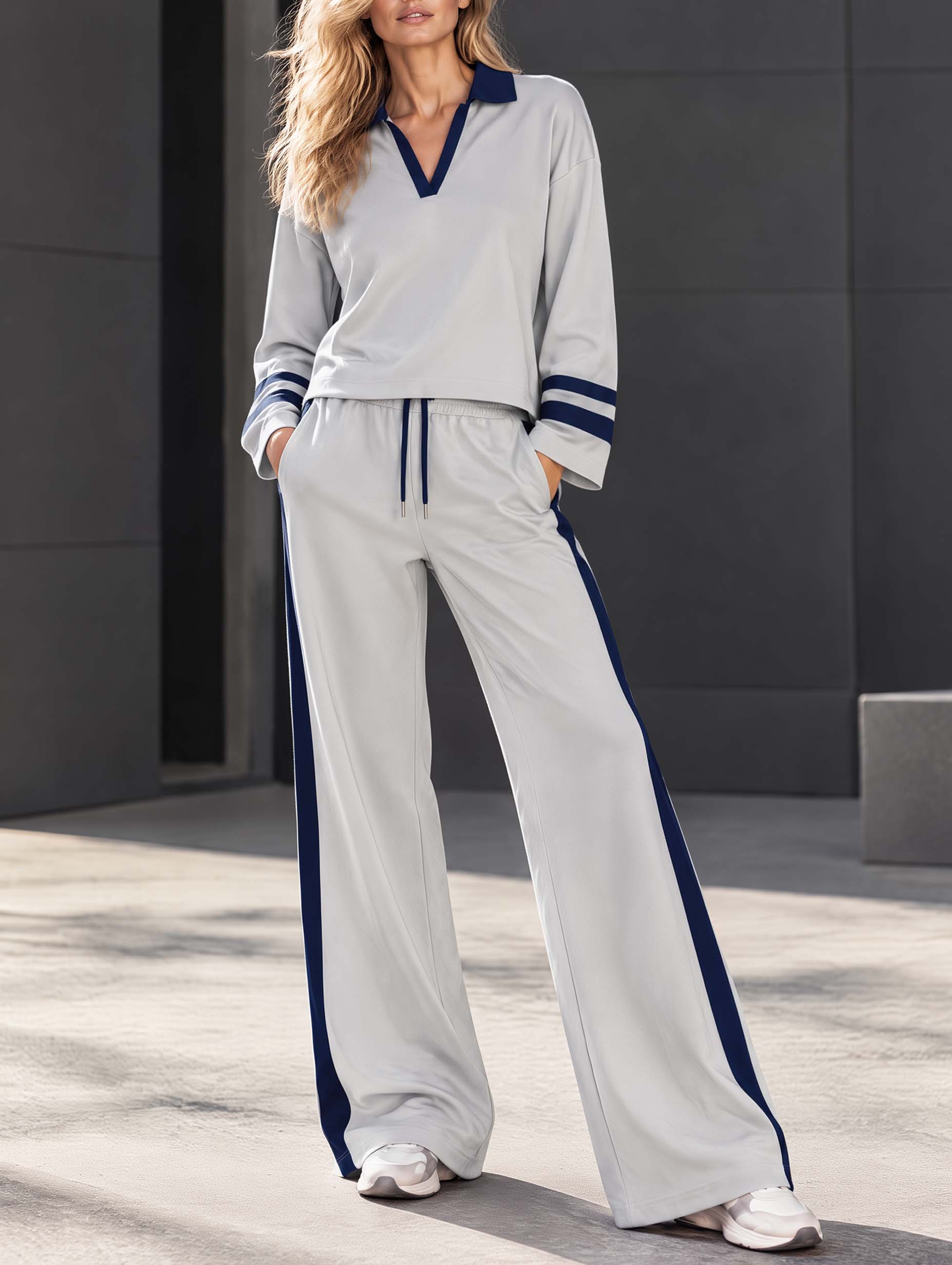 Casual, Minimalist Grey V-neck Color-block Long-sleeve Top And Wide-leg Trousers Set