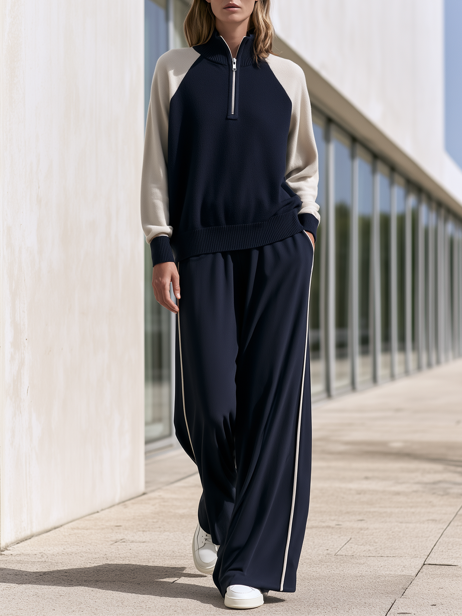 Navy Blue Raglan-sleeve Half-zip Knit Top And Wide-leg Trousers Two-piece Set