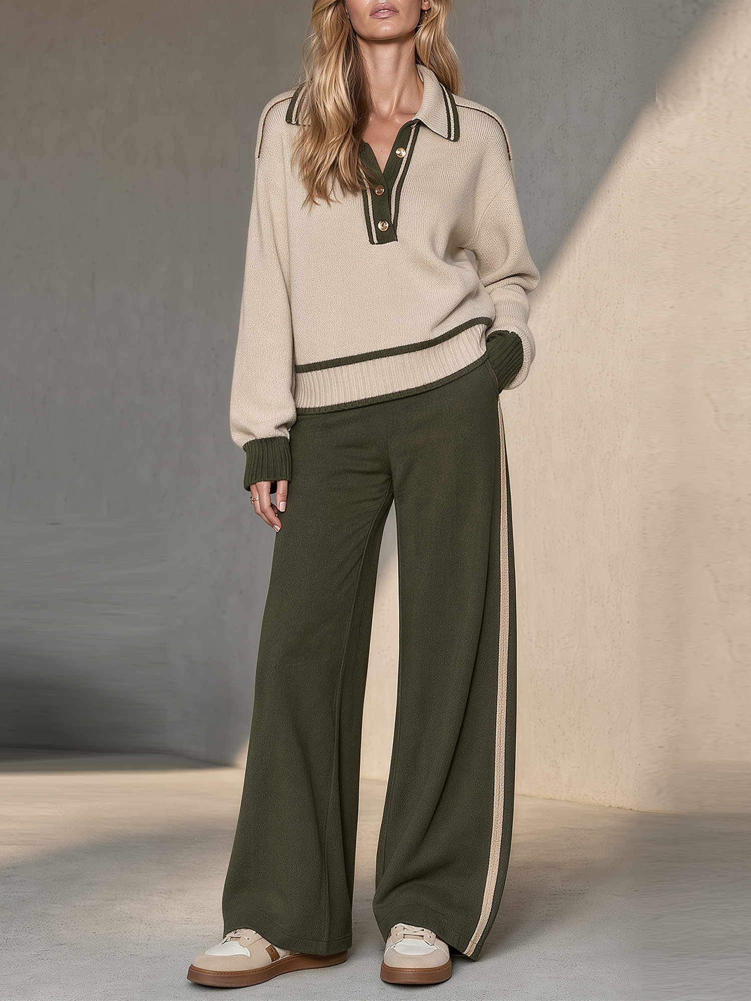 Beige And Olive Green Color-block Polo Sweater And Side-stripe Wide-leg Trousers Set