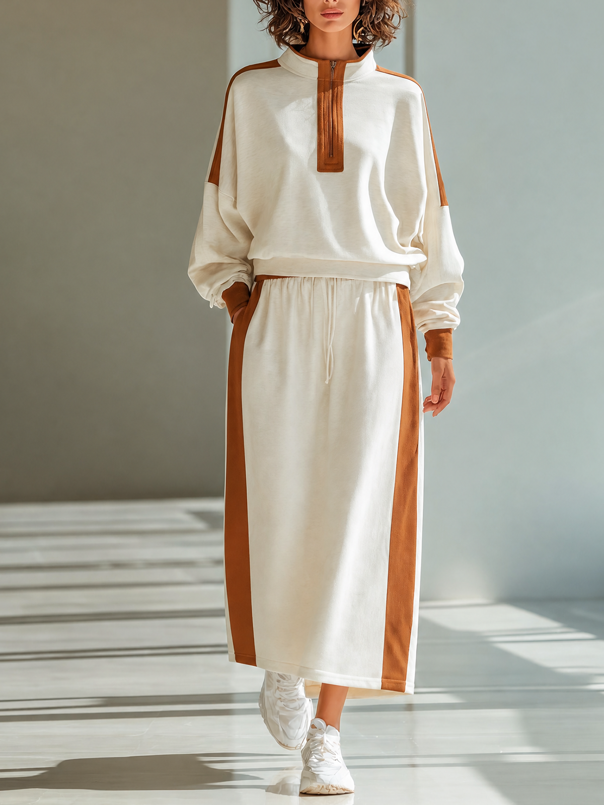Off-White-Caramel Color-block Stand Collar Half-Zip Long-sleeve Sweatshirt Two Piece Skirt Set
