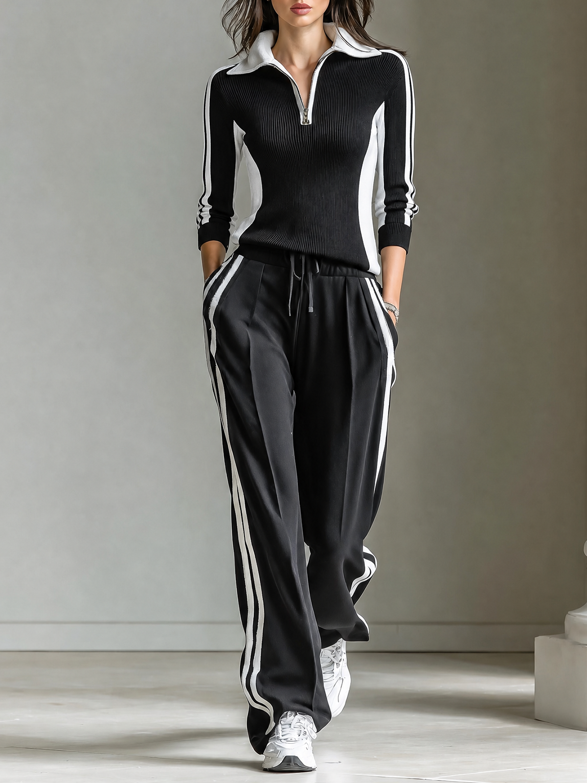 Off-White-Black Color-block Lapel Collar Half-Zip Long-sleeve Knit Top Wide Leg Pants Two Piece Set