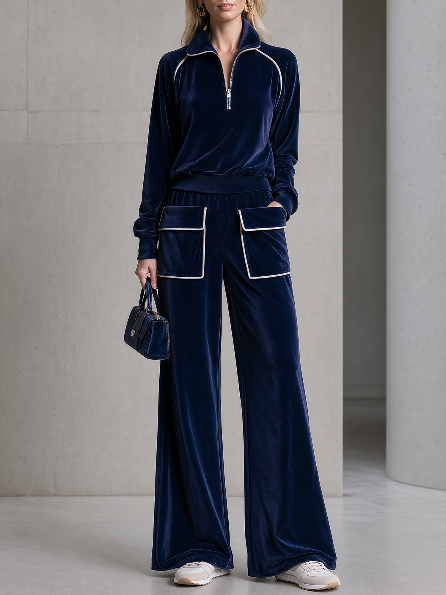 Navy Blue Velvet Half-zip Top And Wide-leg Trousers Set With Large Pockets