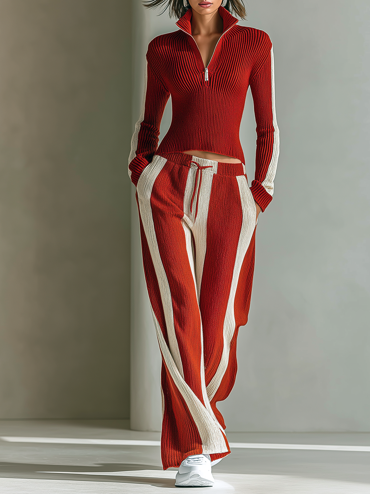 Red-Black Stand Collar Half-Zip Long-sleeve Sweater Stripe Wide Leg Pants Knit Two Piece Set