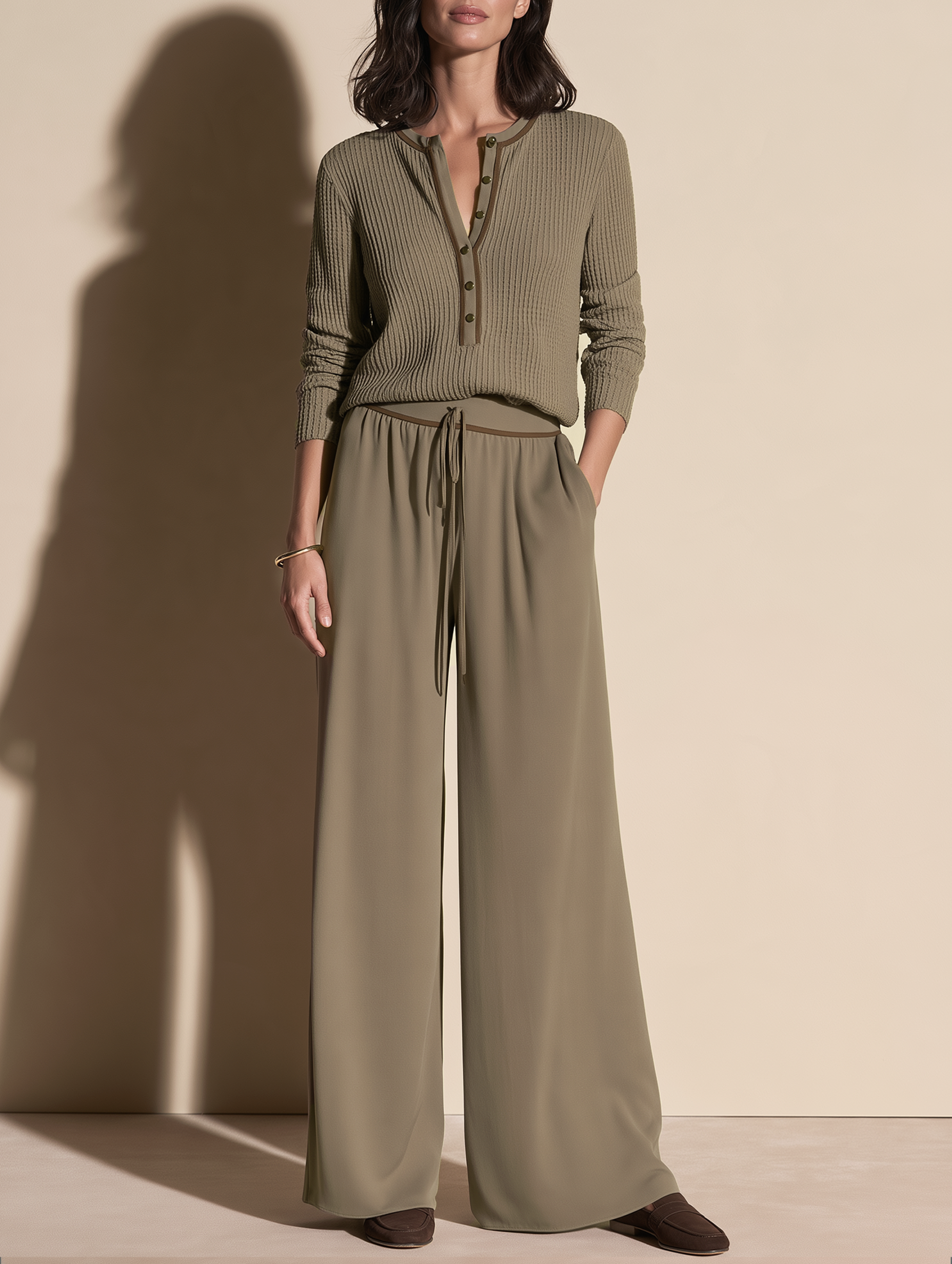 Khaki-green Half-button Top And Wide-leg Trousers Set