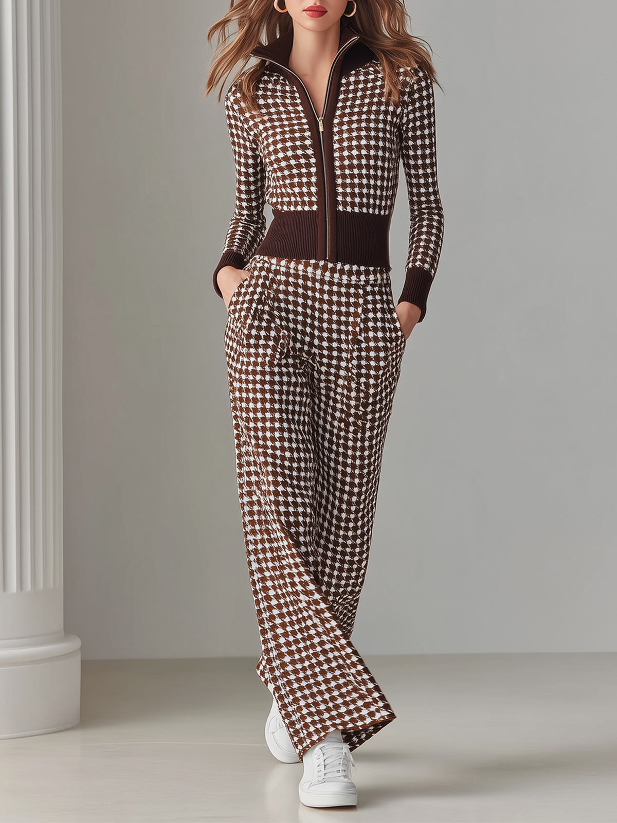 Brown-White Houndstooth Jacquard Stand Collar Half-Zip Long Sleeve Wide-Leg Knit Jumpsuit