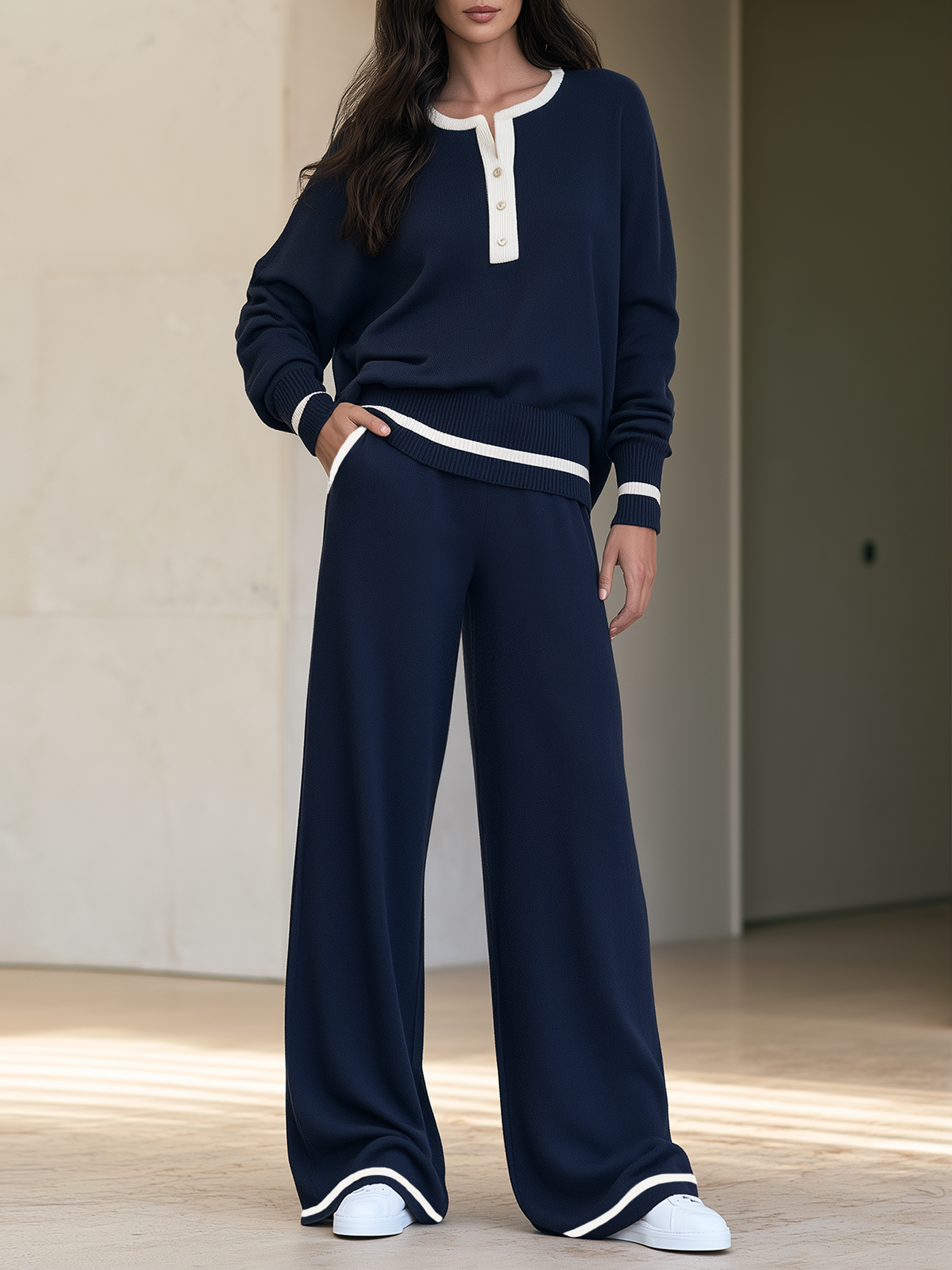 Navy Color-block Henley-neck Loose Top And Versatile Wide-leg Pants Set