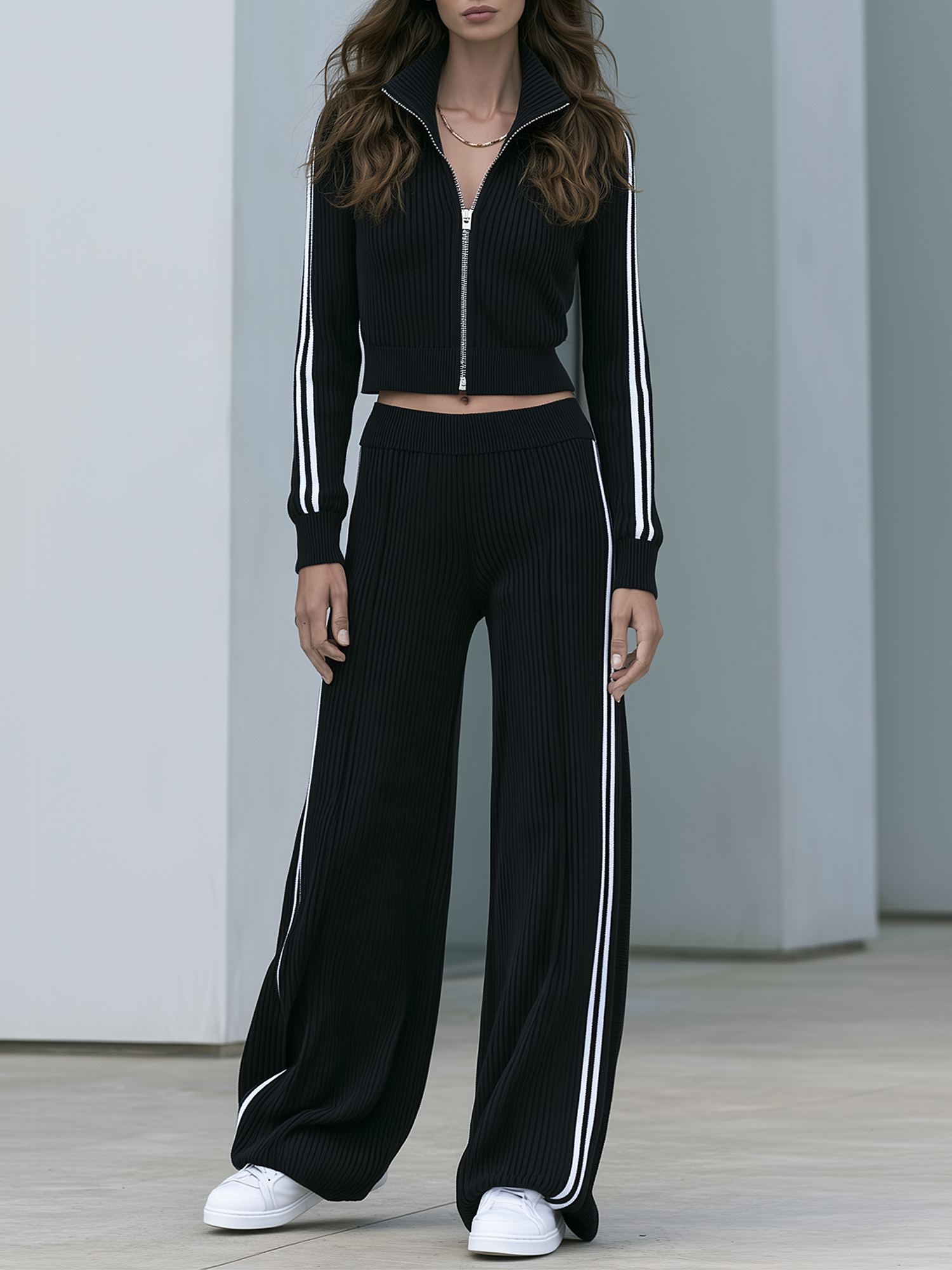 Black Ribbed Zip-up Cropped Knit Top And White Striped Wide-leg Trousers Set